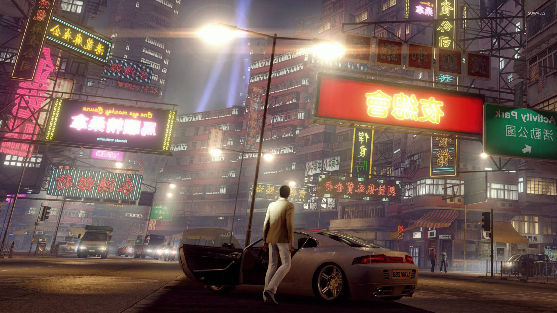 Sleeping Dogs Game, neon signs, rainy night cityscape, Full HD Desktop Wallpaper