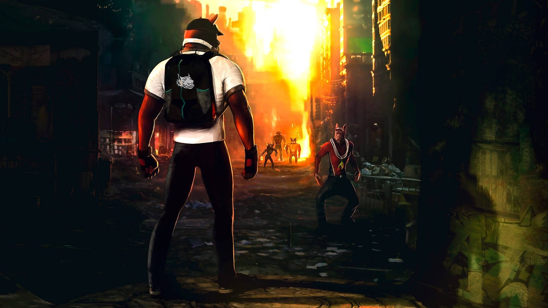 Sleeping Dogs Game, ruined city street, fiery explosions, Full HD Desktop Wallpaper