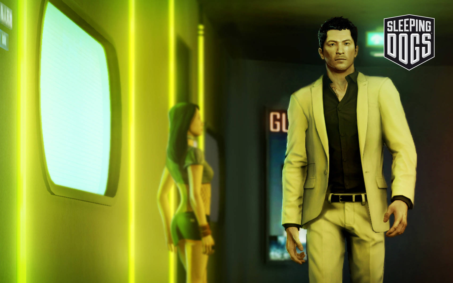 Sleeping Dogs Game, neon-lit corridor, beige suit, Full HD Desktop Wallpaper