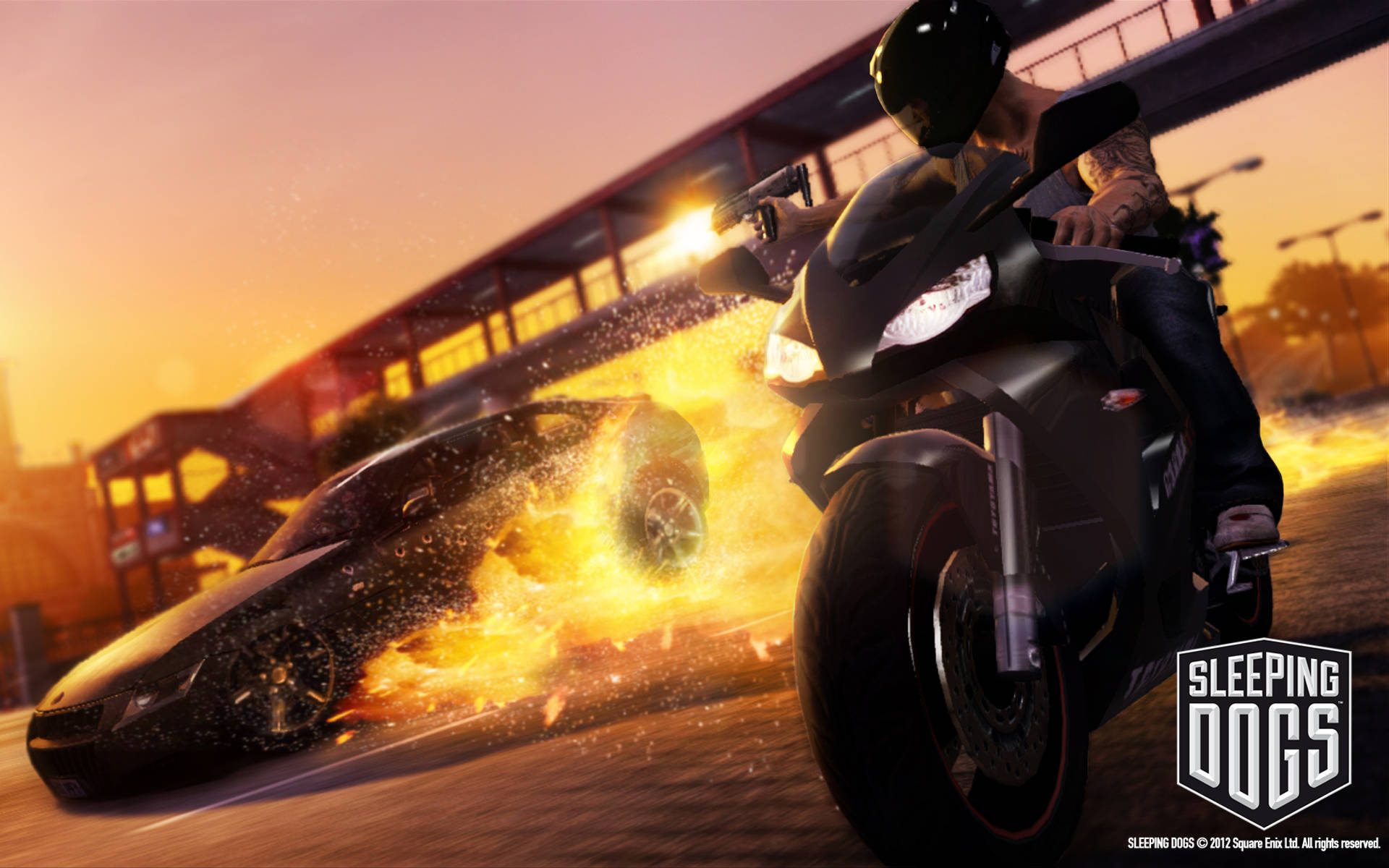 Sleeping Dogs Game, black motorcycle, flaming sports car, Full HD Desktop Wallpaper