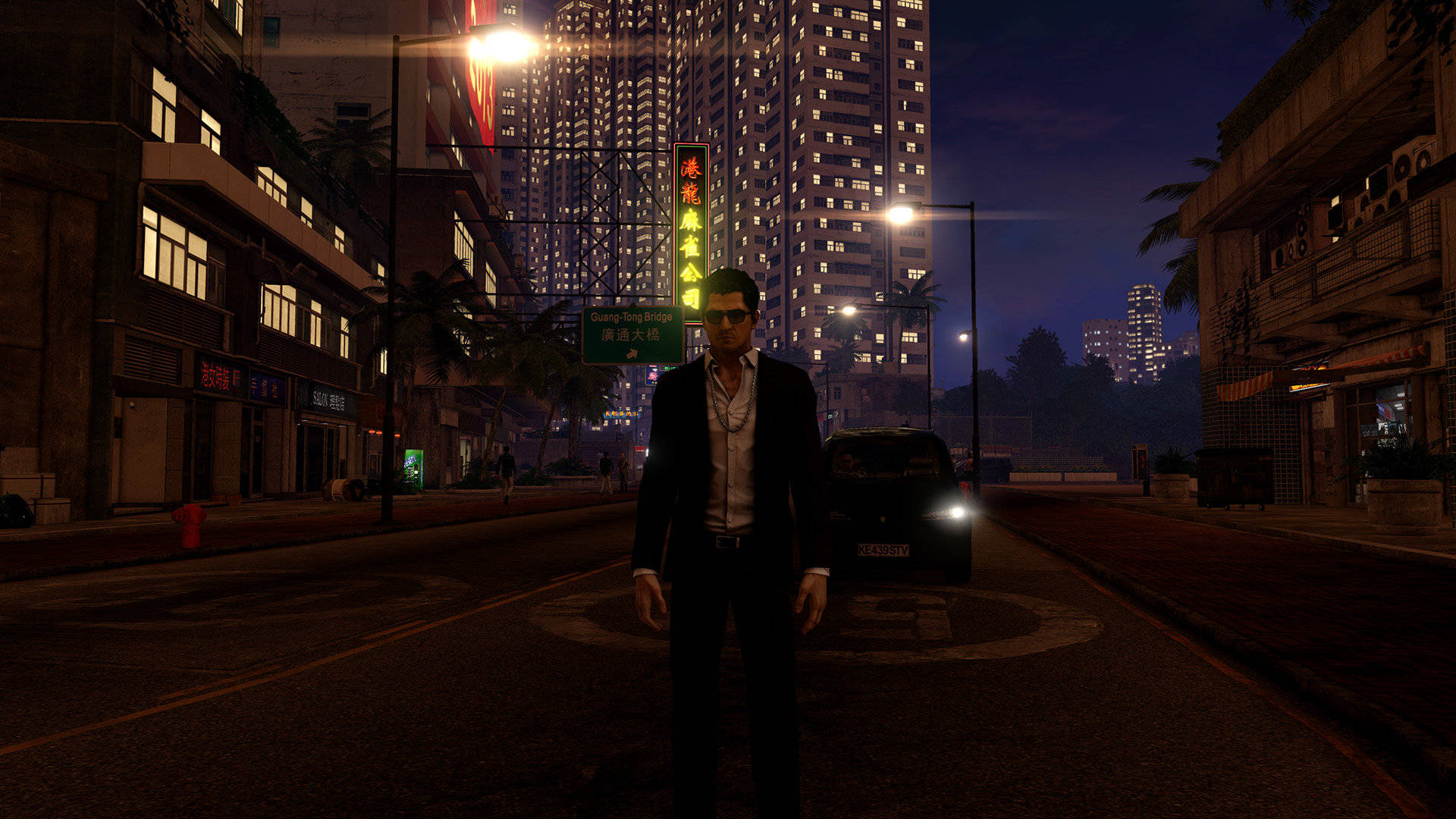 Sleeping Dogs Game, neon-lit city street, night, Full HD Desktop Wallpaper