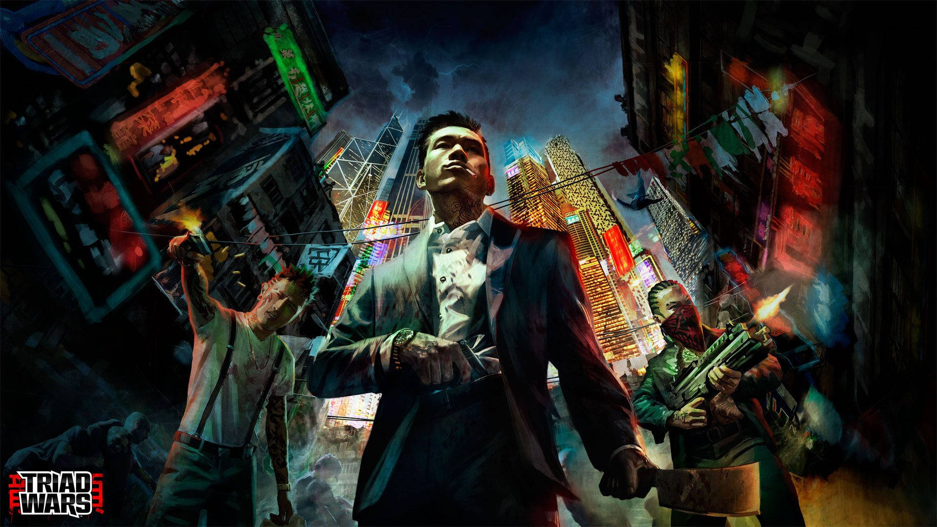 Sleeping Dogs Game, neon-lit skyscrapers, chaotic cityscape, Full HD Desktop Wallpaper
