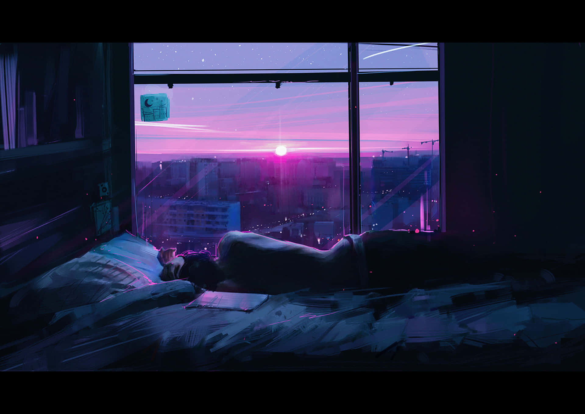 vibrant purple sunset, large window, cityscape, Full HD Desktop Wallpaper