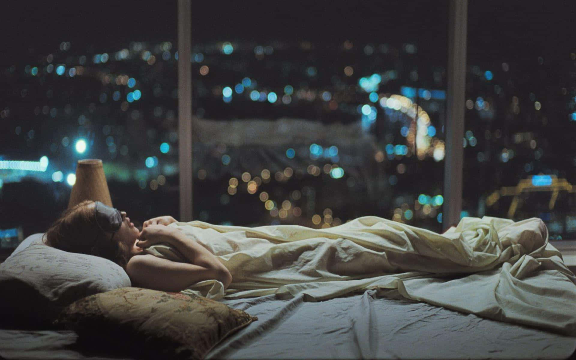bed, sleep mask, blurred cityscape, Full HD Desktop Wallpaper