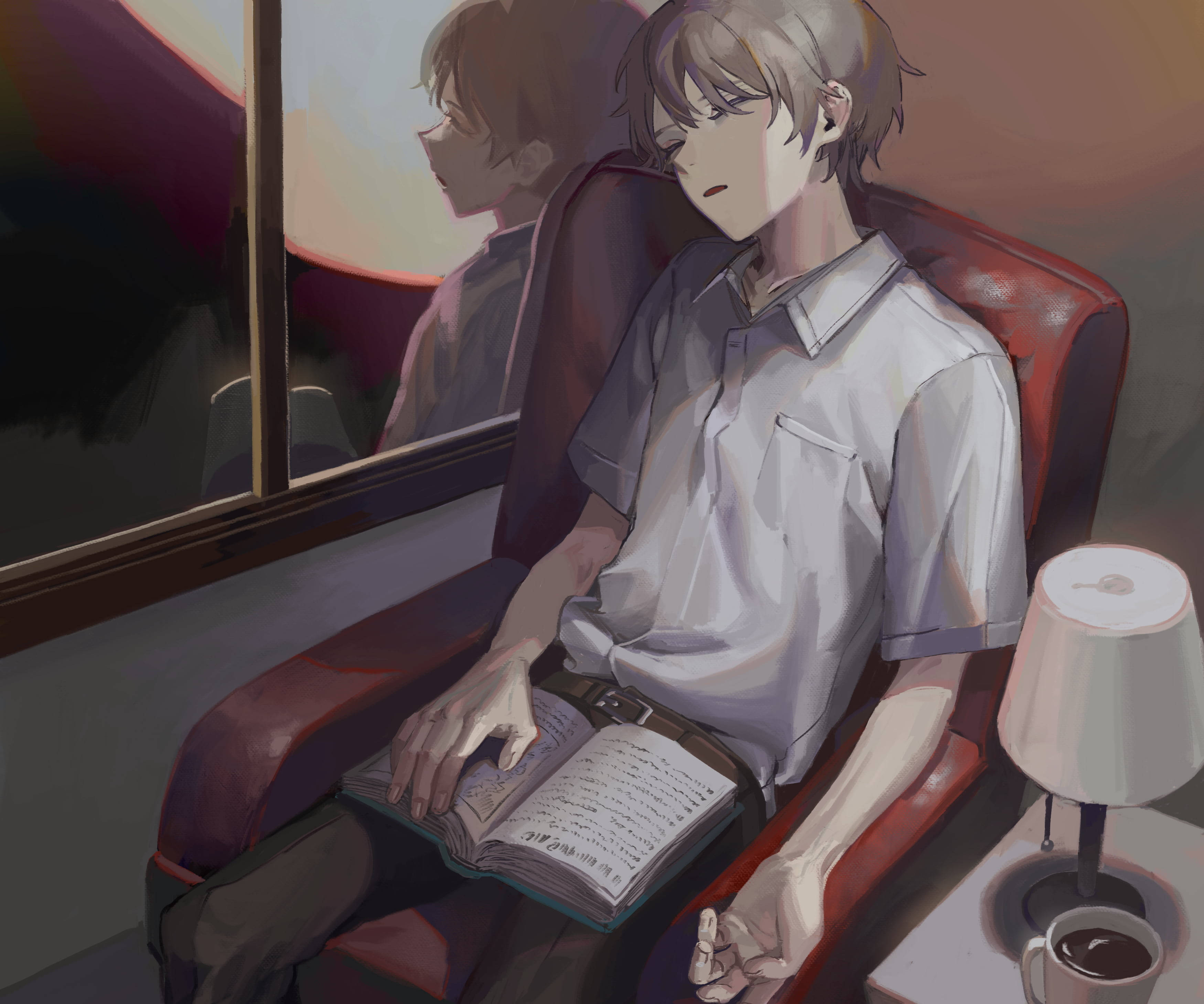 anime boy, white shirt, red armchair, 2K Desktop Wallpaper