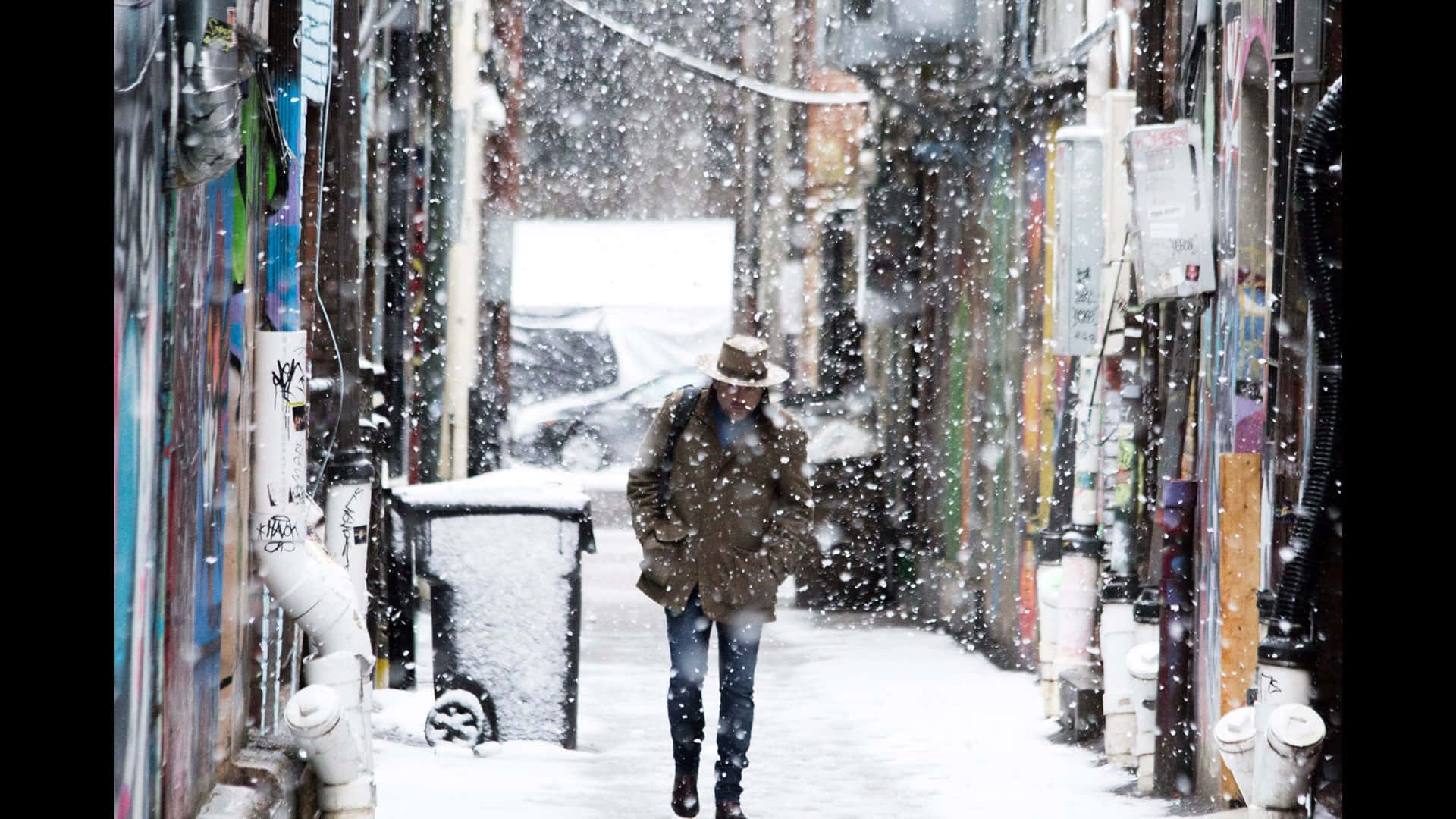 Sleet, woman, snowy alleyway, Full HD Desktop Wallpaper