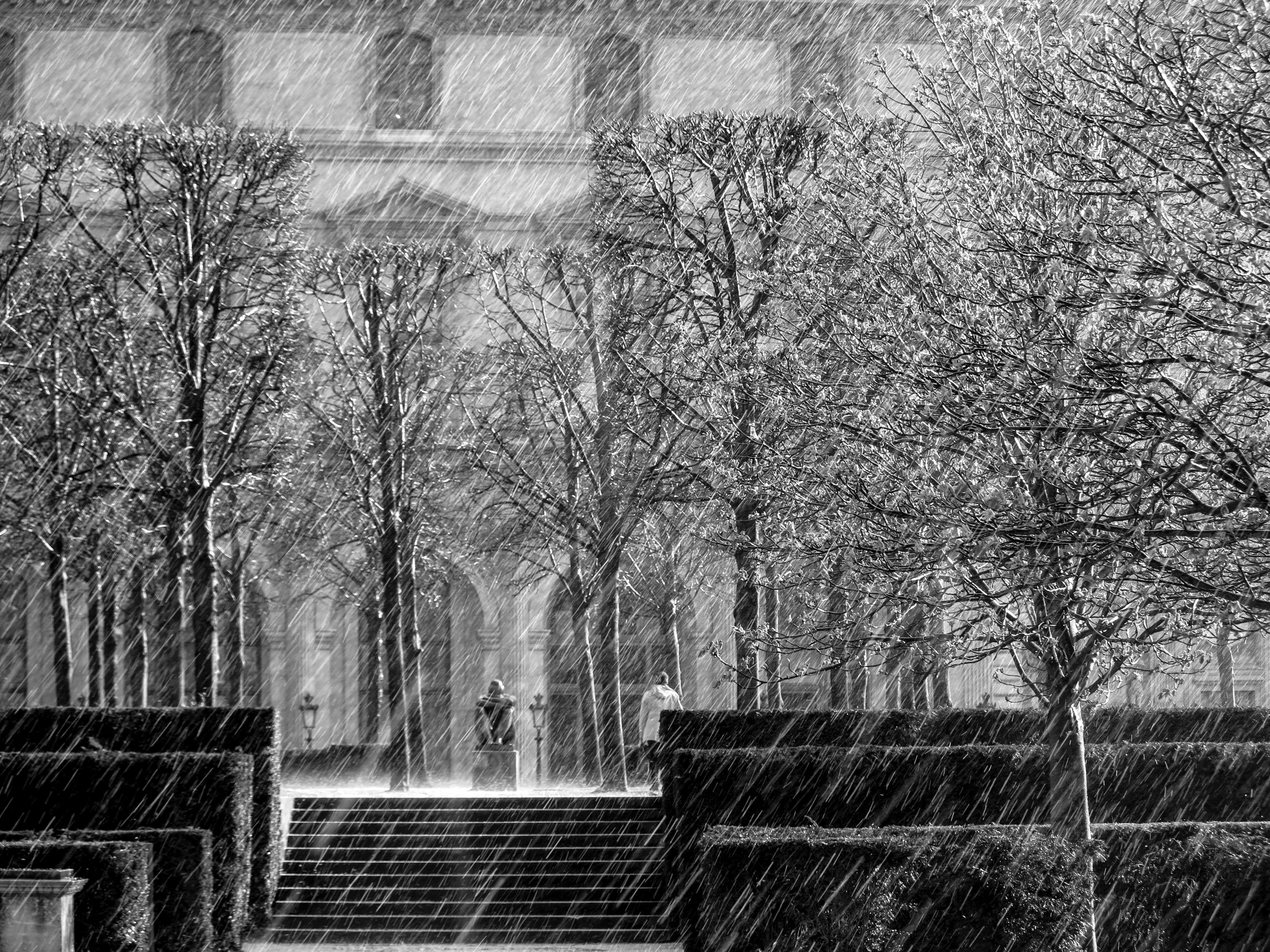 Sleet, grayscale, classical building, 4K Desktop Wallpaper