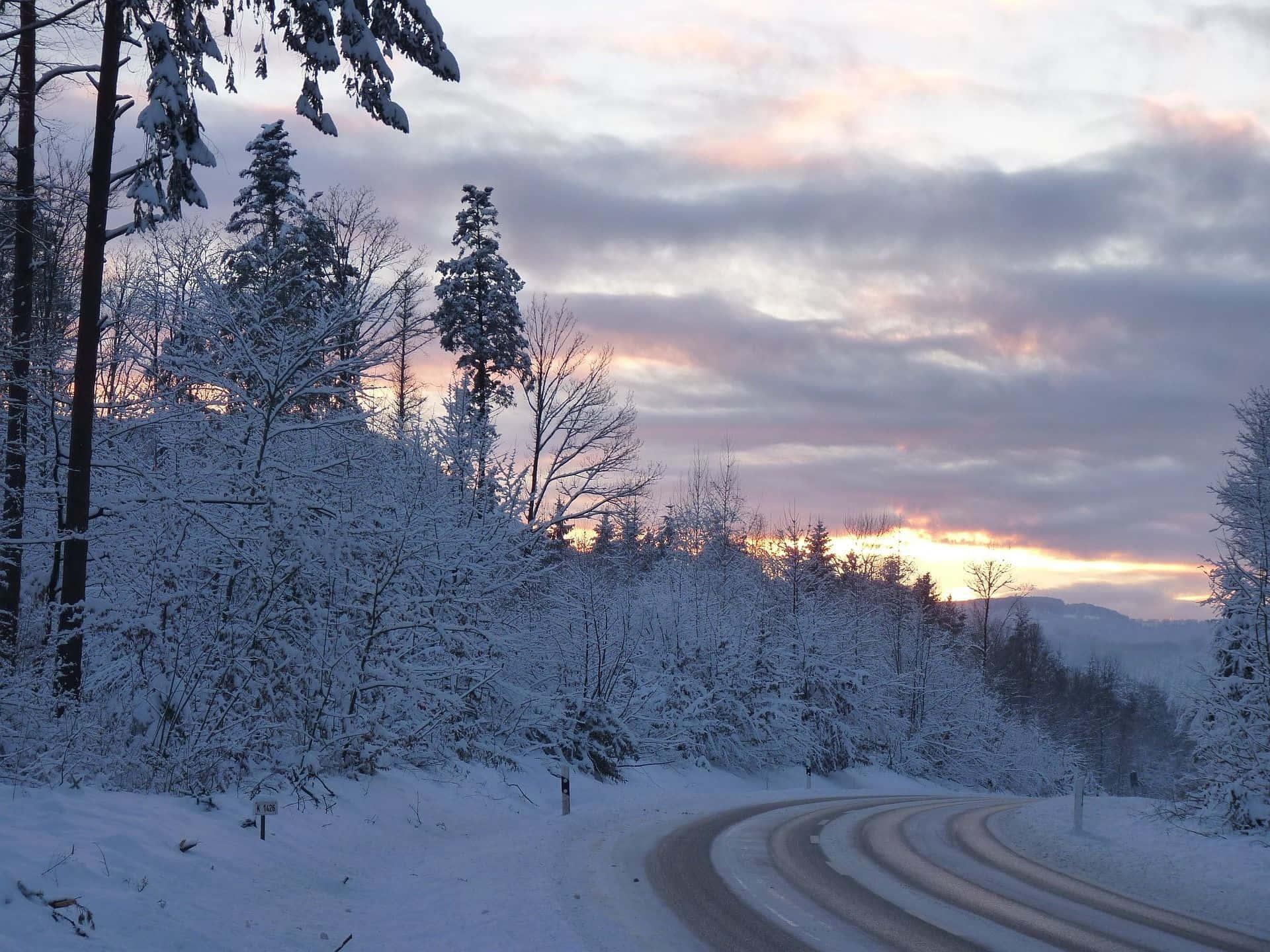Sleet, roadside forest, winding snowy road, Full HD Desktop Wallpaper