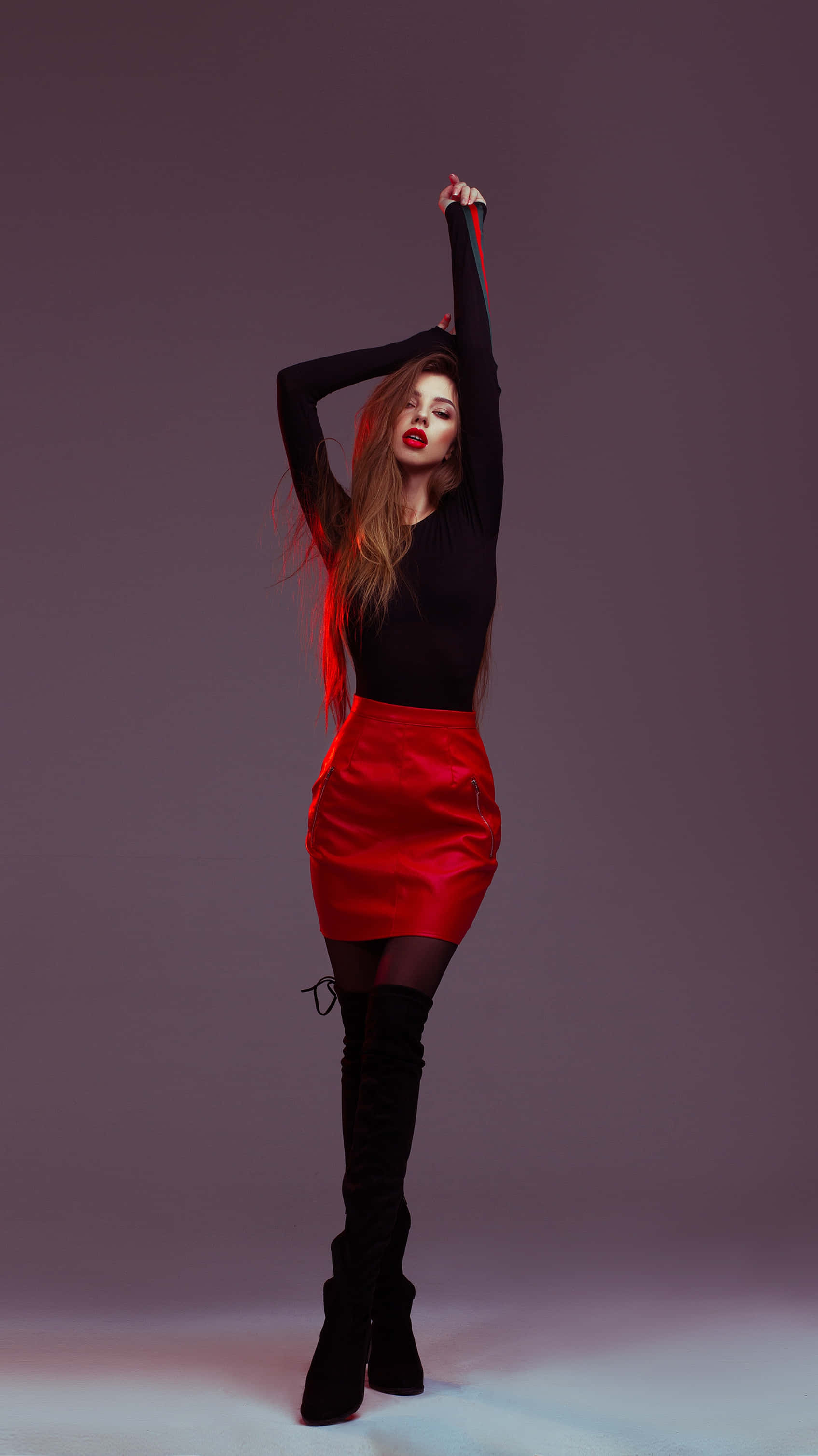 red skirt, black top, moody purple studio backdrop, 2K Phone Wallpaper