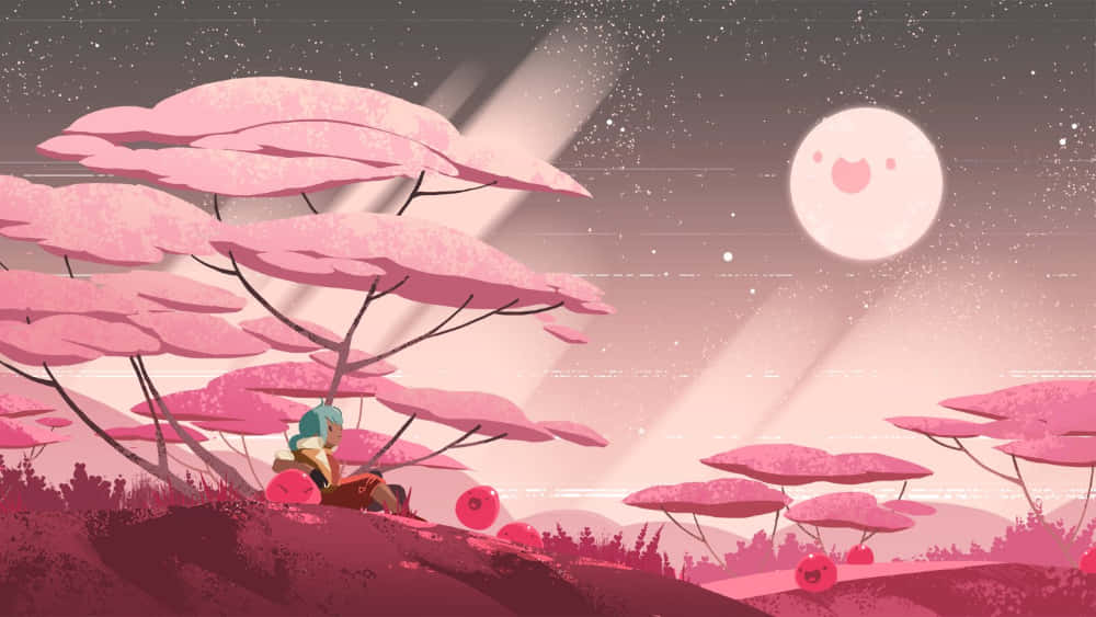 Slime Rancher, pink canopy trees, smiling moon, SD Desktop Wallpaper