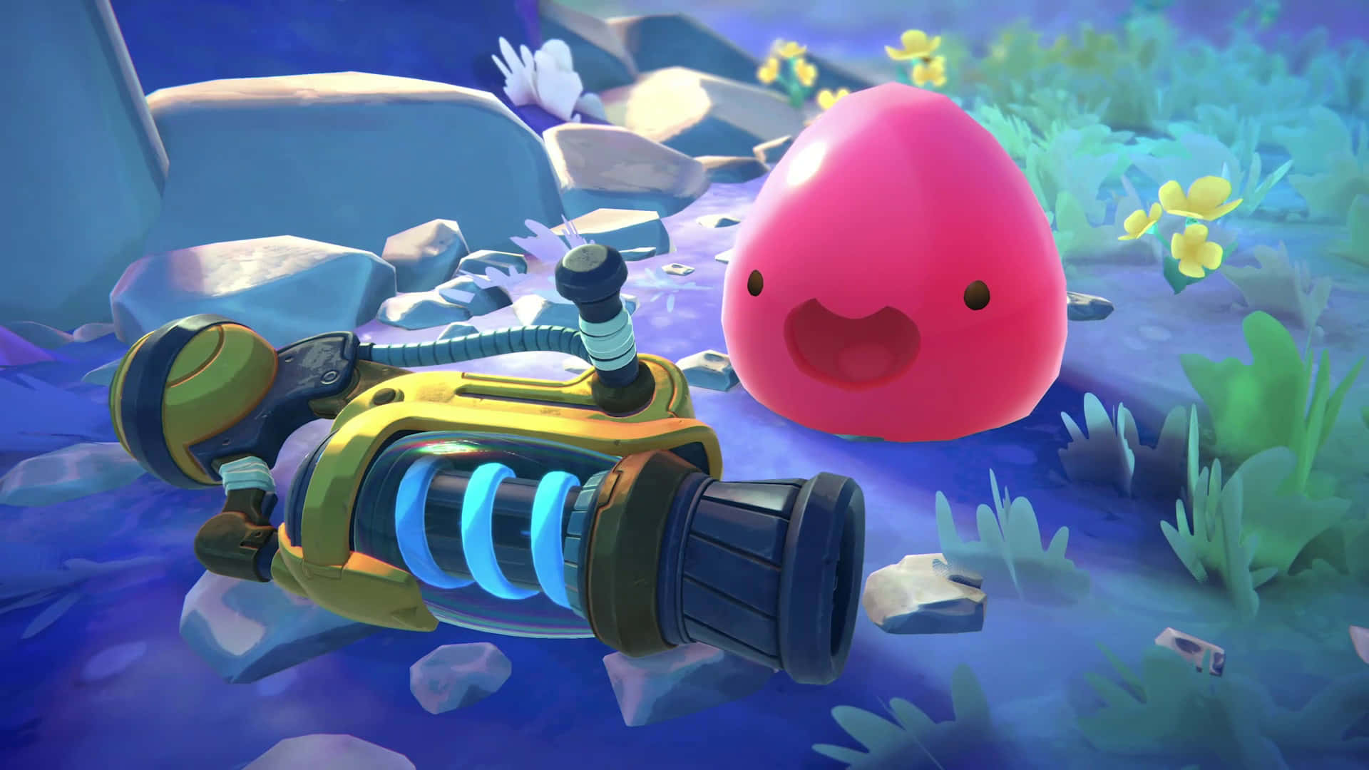 Slime Rancher, pink egg-like creature, futuristic yellow and blue weapon, Full HD Desktop Wallpaper