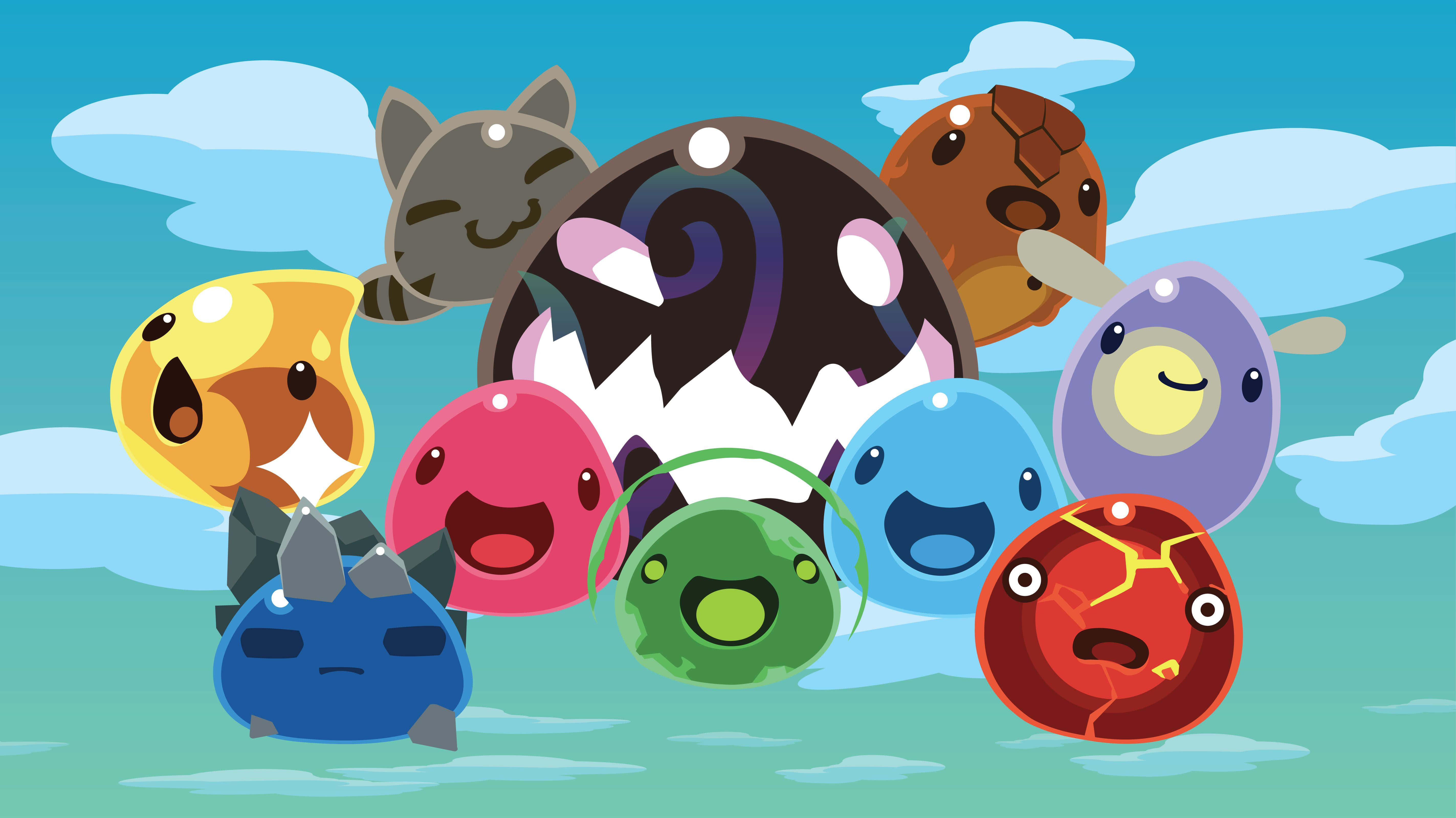 Slime Rancher, colorful cartoon creatures, bright blue sky, 5K Desktop Wallpaper