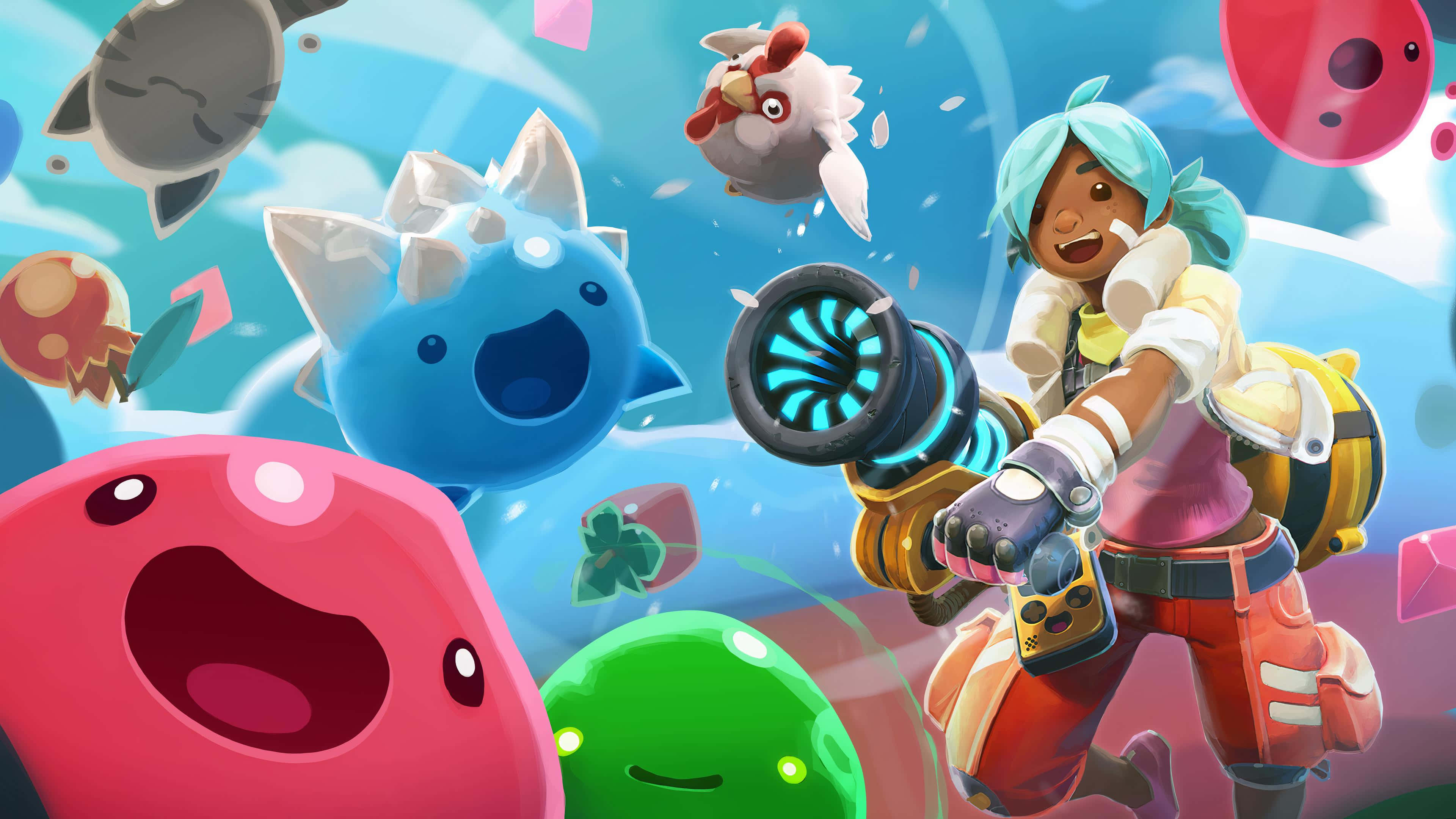 Slime Rancher, glowing blaster, colorful cartoon creatures, 4K Desktop Wallpaper