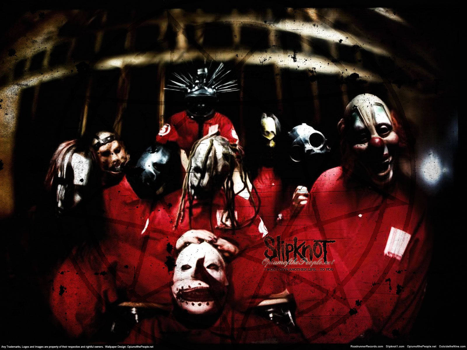 Slipknot, red fisheye effect, seven masked band members, HD Desktop Wallpaper