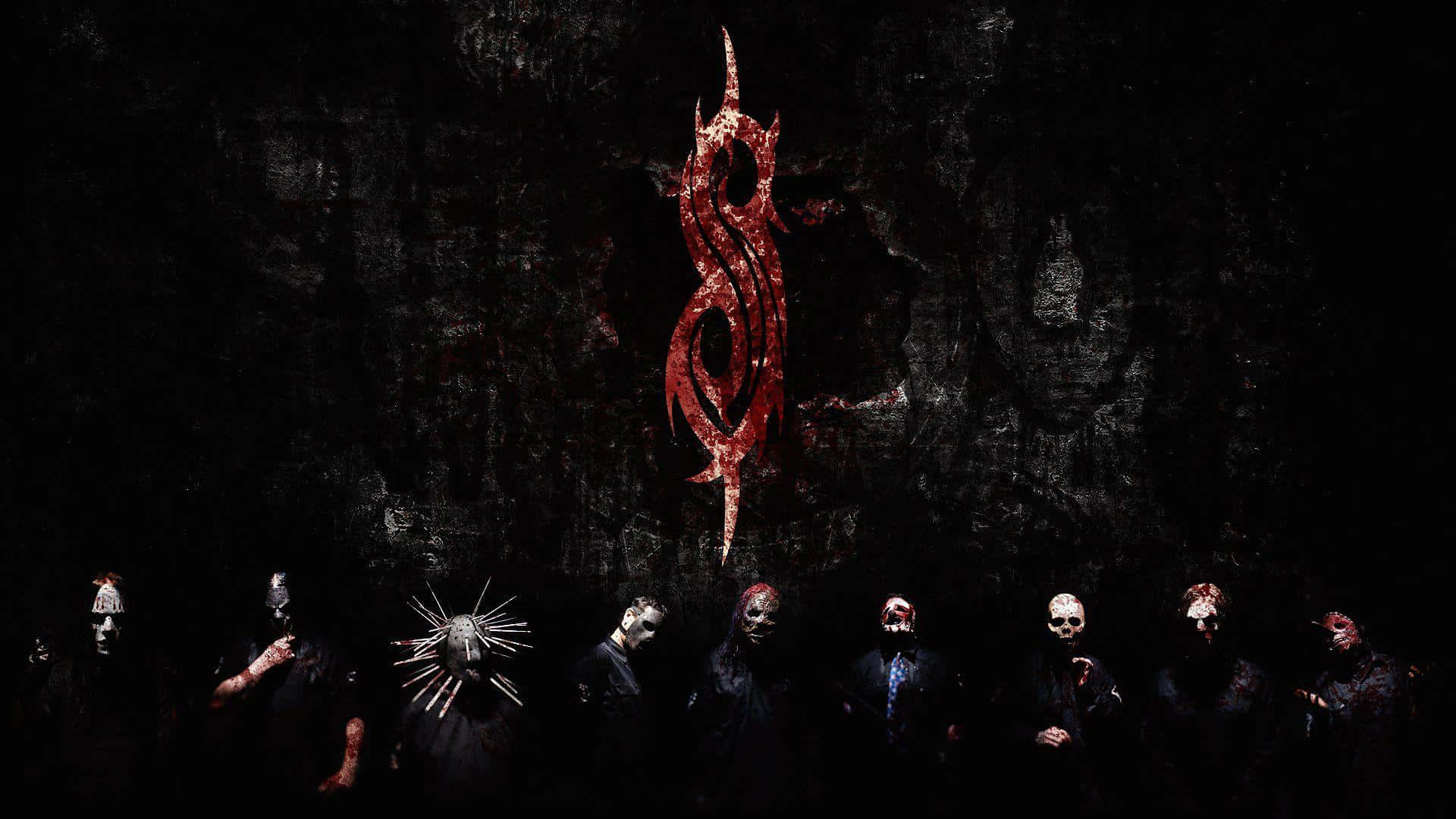 Slipknot, bloody logo, seven masked figures, Full HD Desktop Wallpaper