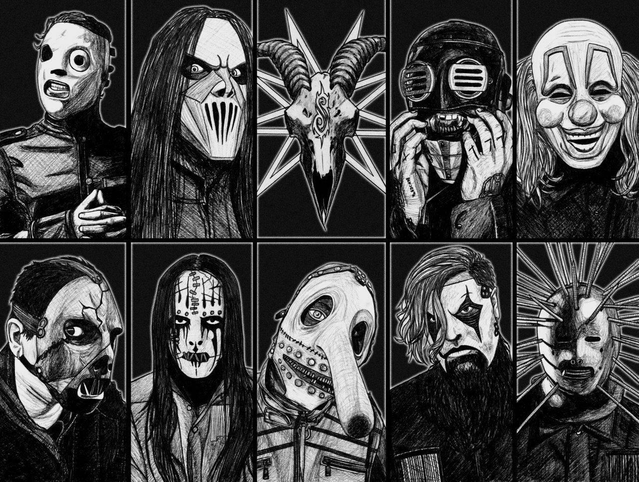 Slipknot, masked figures, black and white illustrated grid, HD Desktop Wallpaper