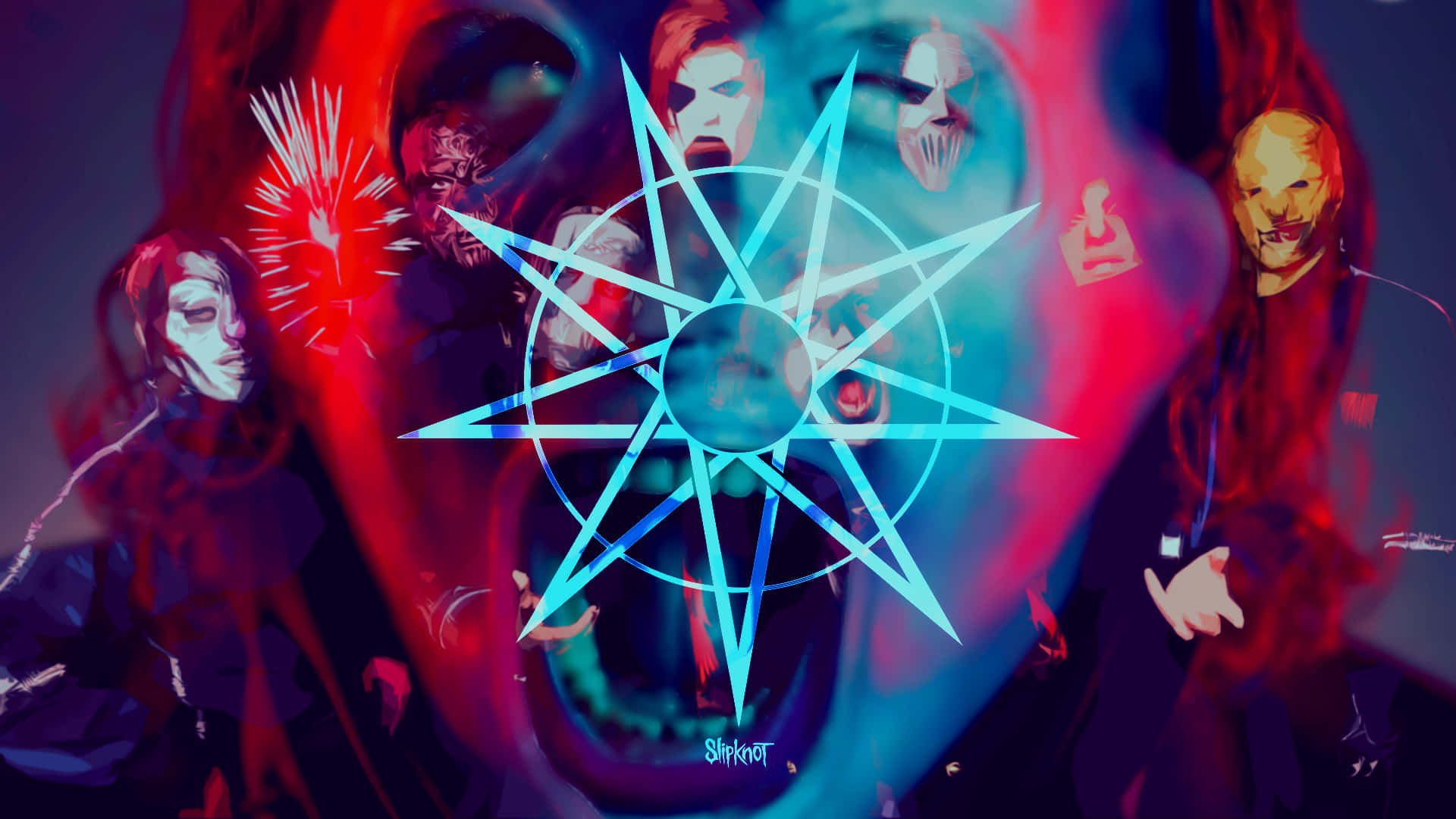 Slipknot, red and blue tones, glowing star symbol, Full HD Desktop Wallpaper