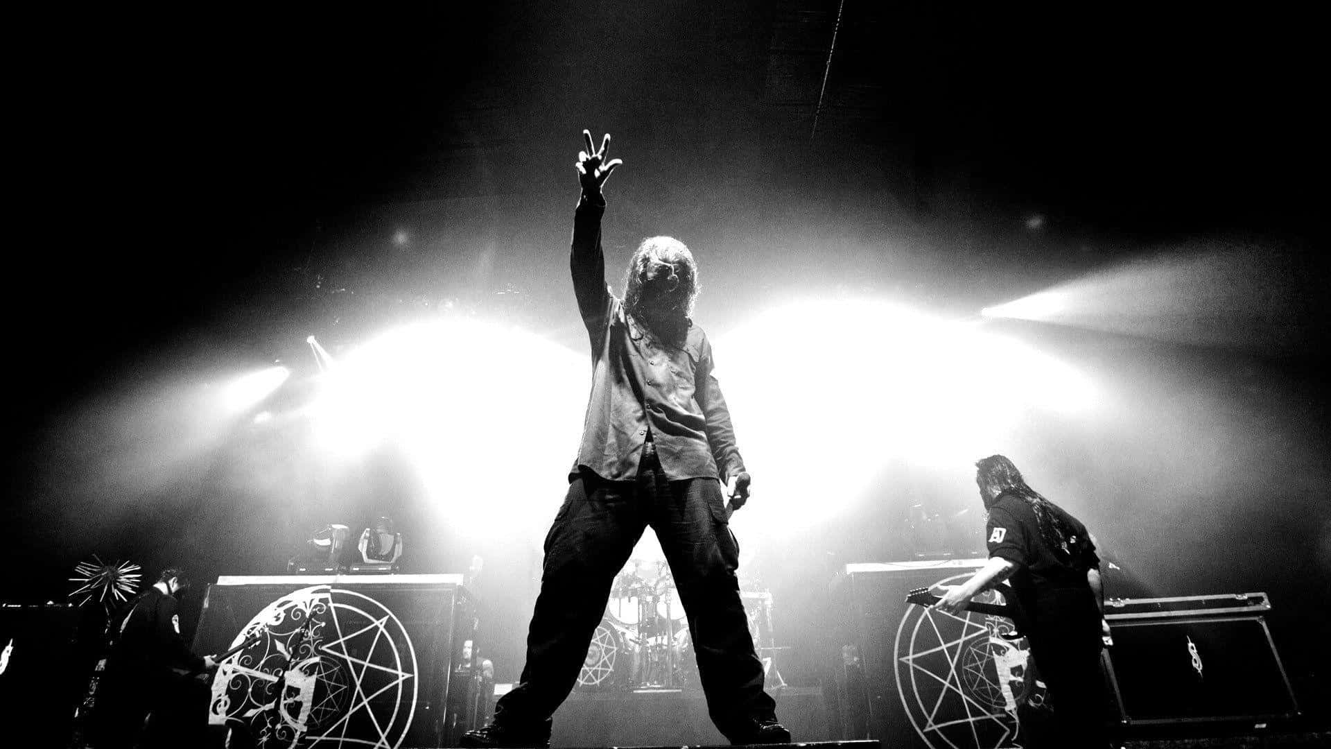 Slipknot, black and white photo, musician on stage, Full HD Desktop Wallpaper