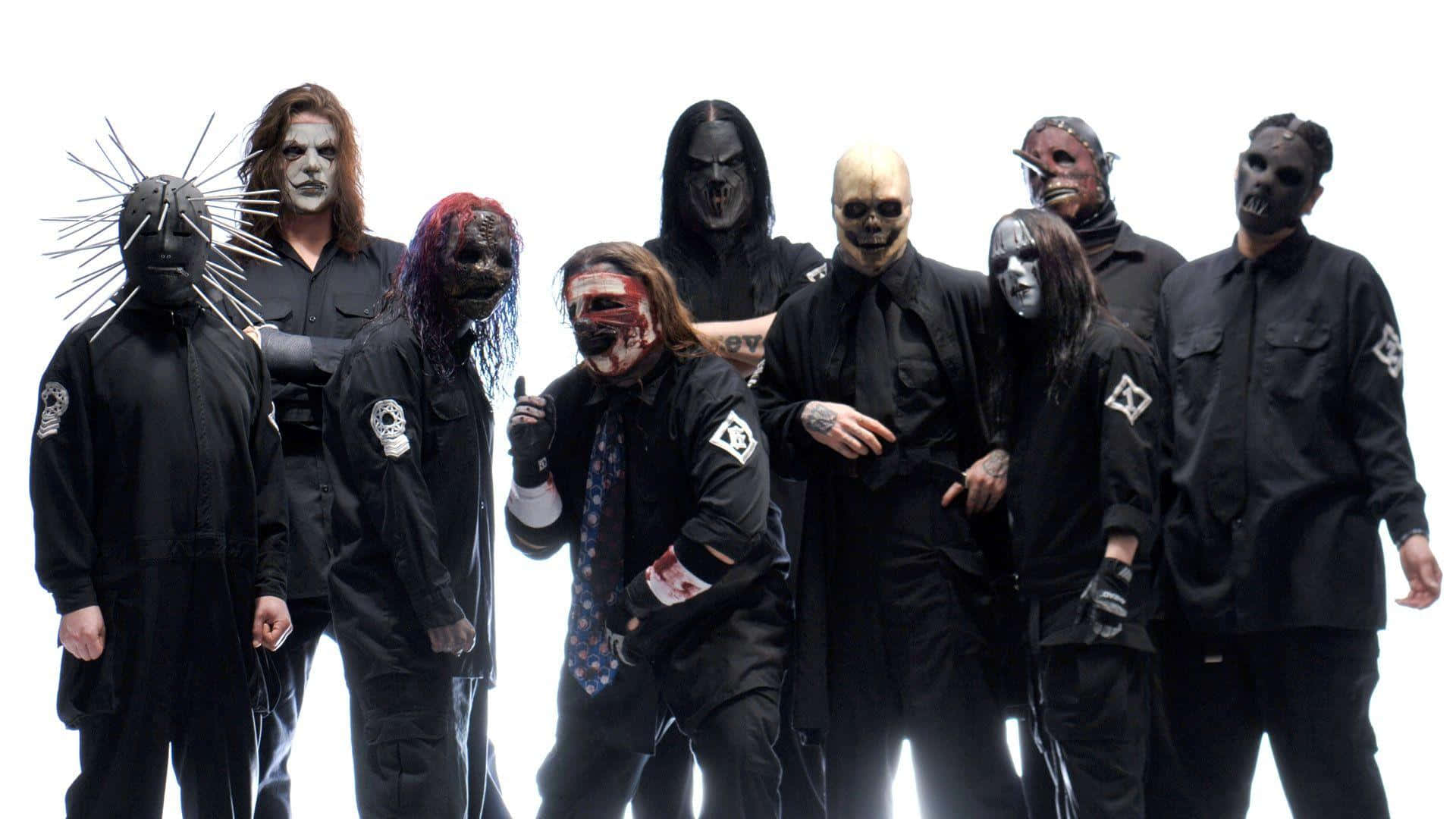 Slipknot, black suits, masked heavy metal musicians, Full HD Desktop Wallpaper
