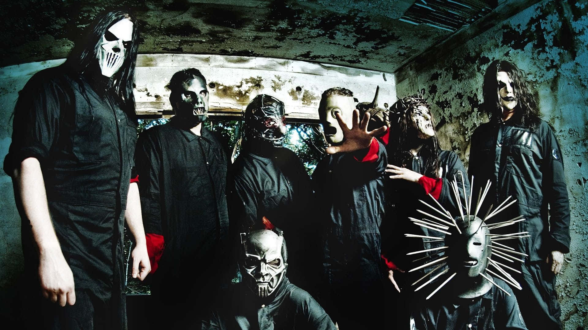 Slipknot, grotesque masks, decaying room, Full HD Desktop Wallpaper