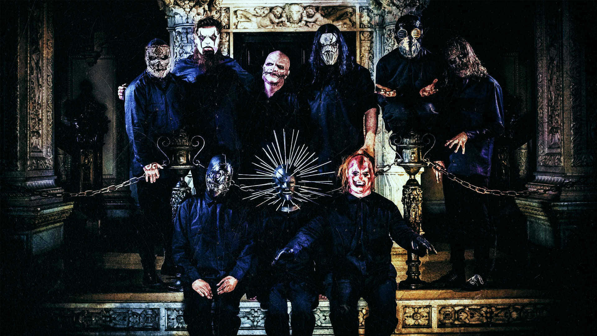 Slipknot, grotesque masked faces, dark ornate mansion hall, Full HD Desktop Wallpaper