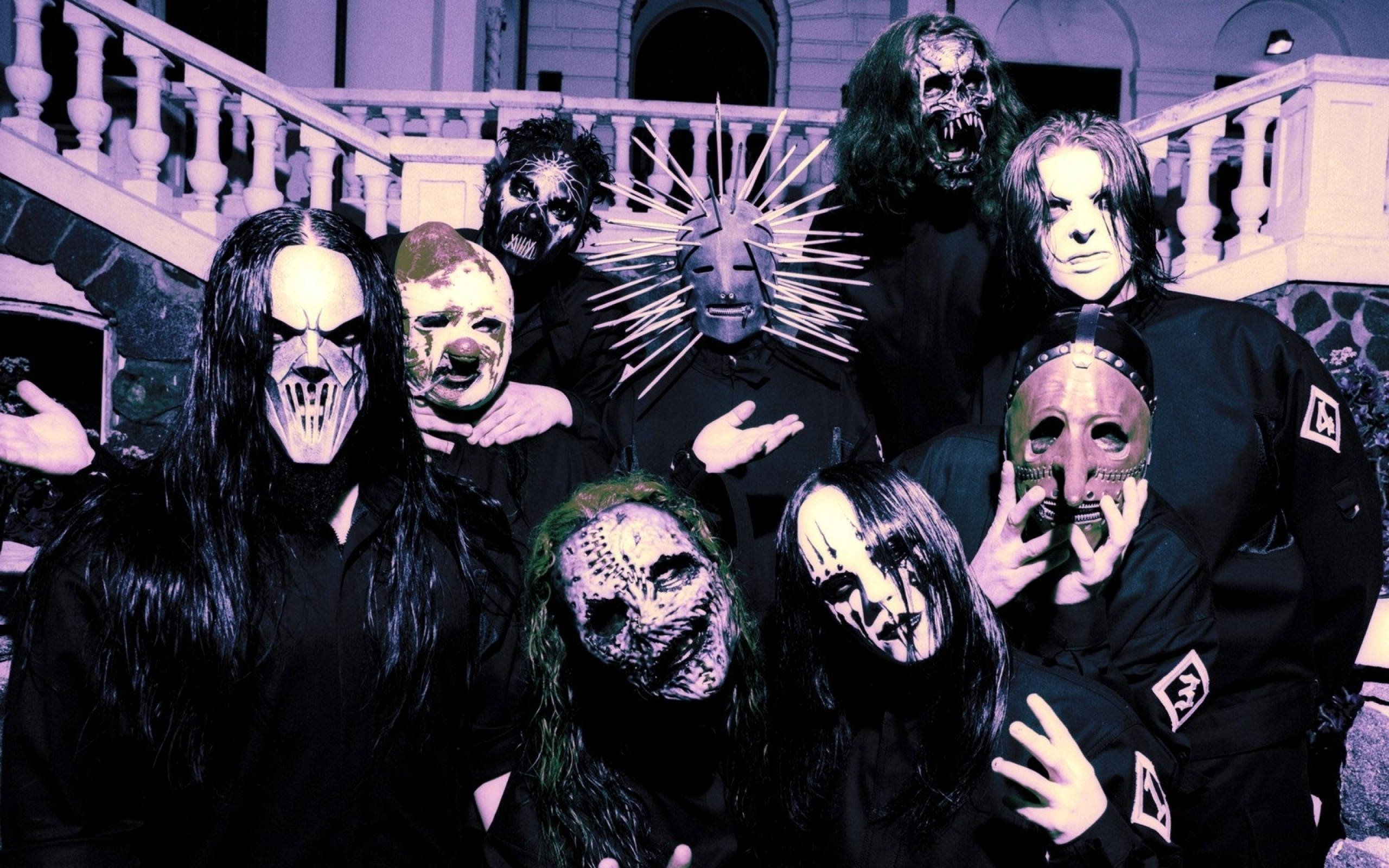 Slipknot, grotesque masks, long black hair, 2K Desktop Wallpaper