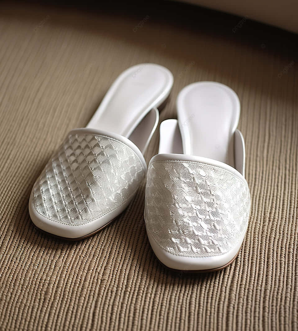 elegant white lace slippers, white woven-textured mules, beige ribbed carpet, SD Phone Wallpaper