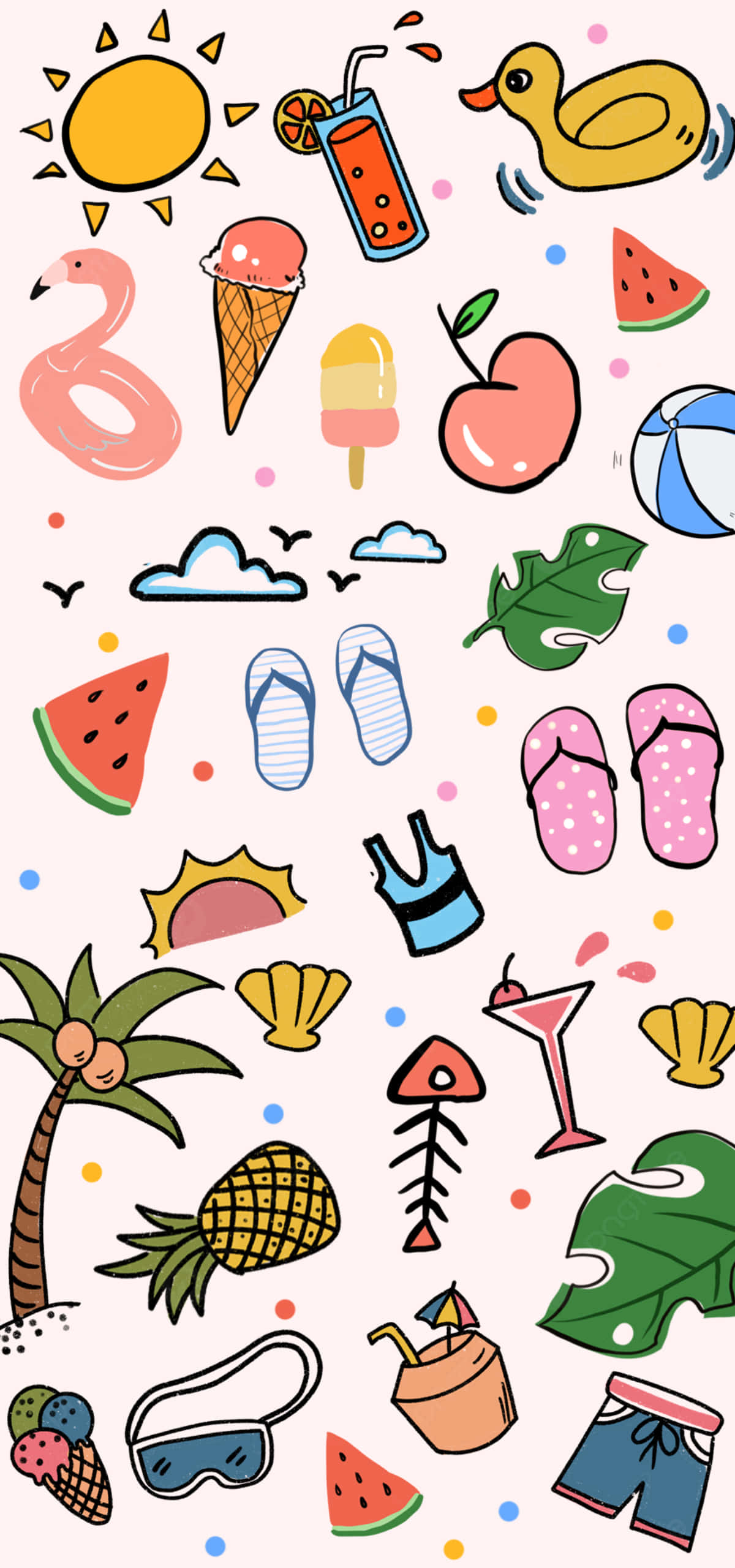 summer vibes pattern slippers, cartoon doodles, sun ice cream flip flops, 2K Phone Wallpaper