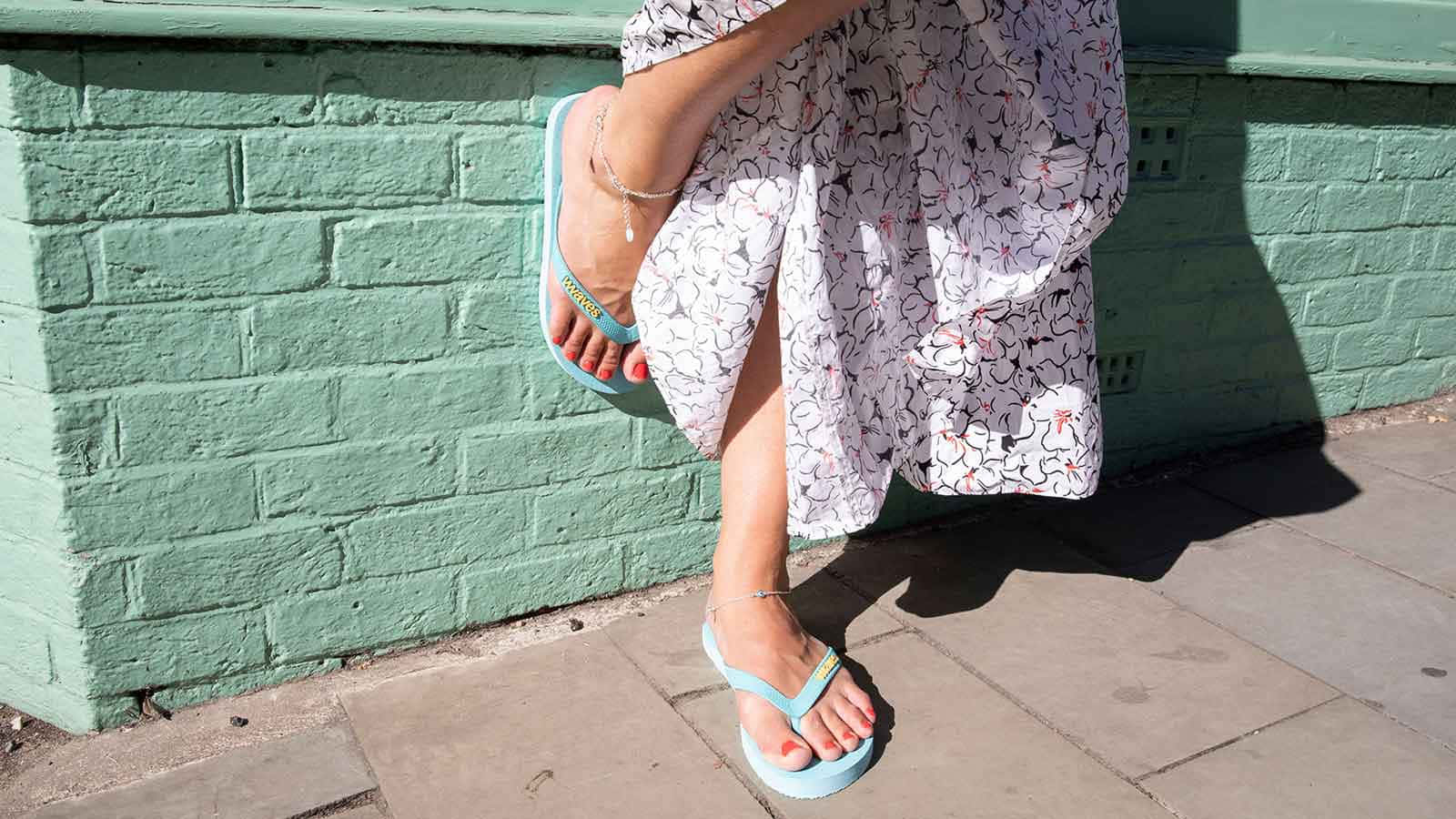 floral dress, light blue flip flops, mint green brick wall, HD Desktop Wallpaper