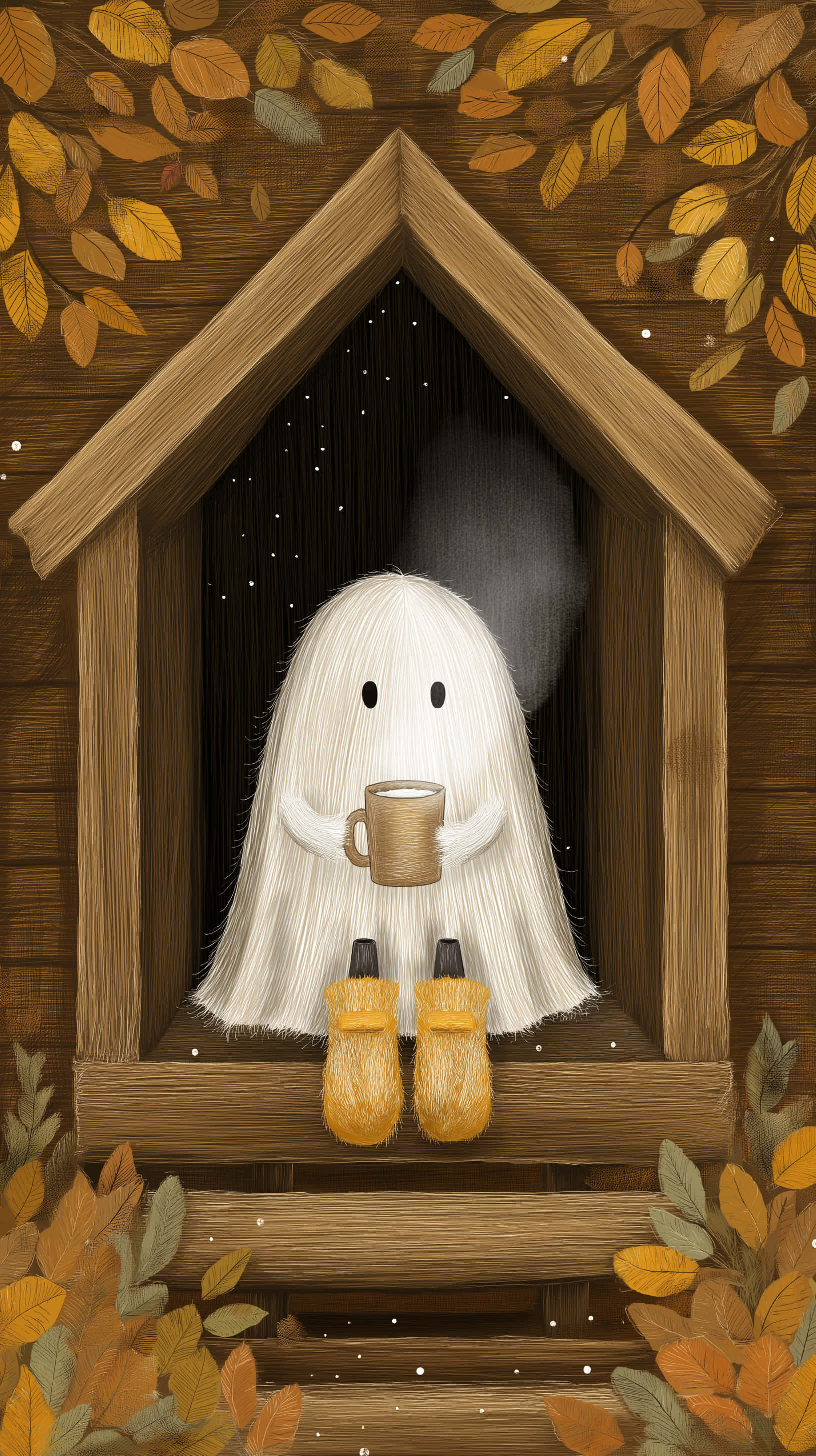 cozy ghost, wooden window, mug, 2K Phone Wallpaper