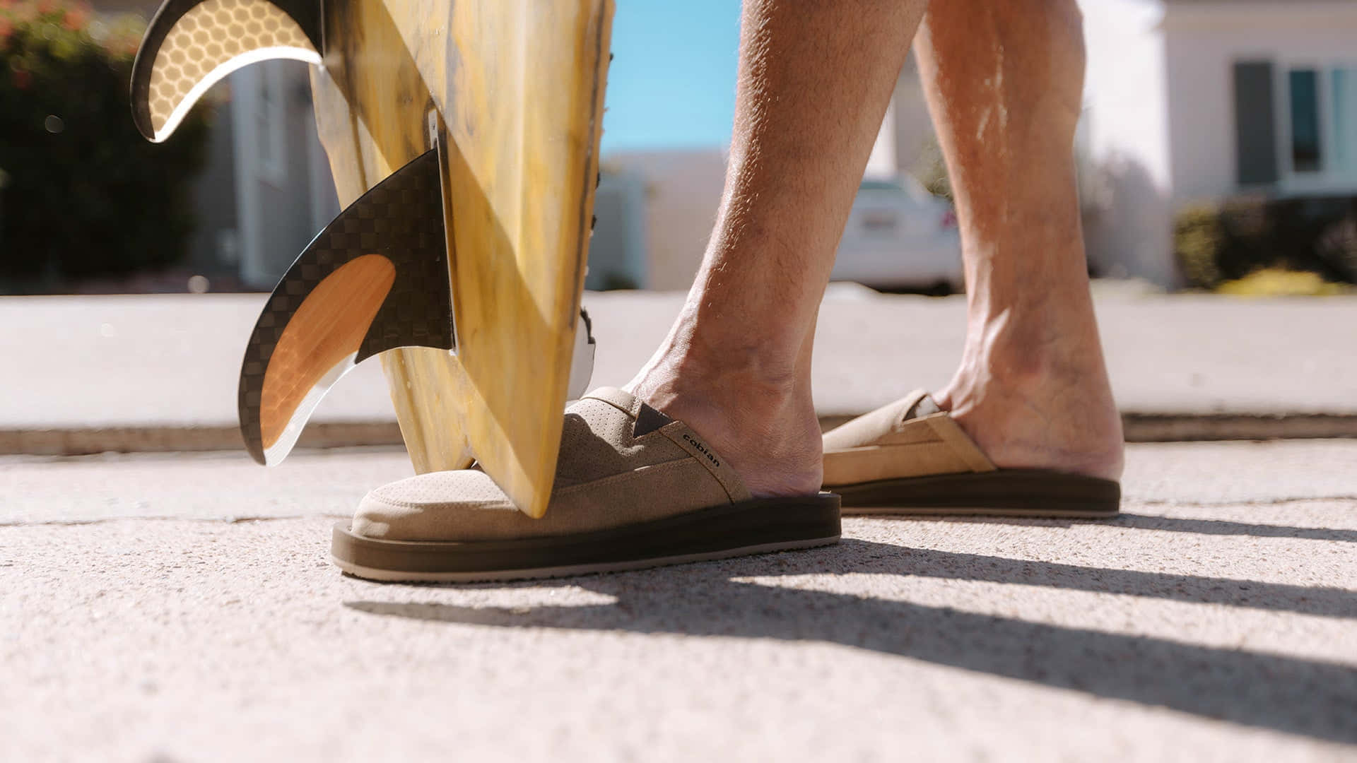 Slippery Situation Slippers, yellow surfboard, sunlit concrete driveway, Full HD Desktop Wallpaper