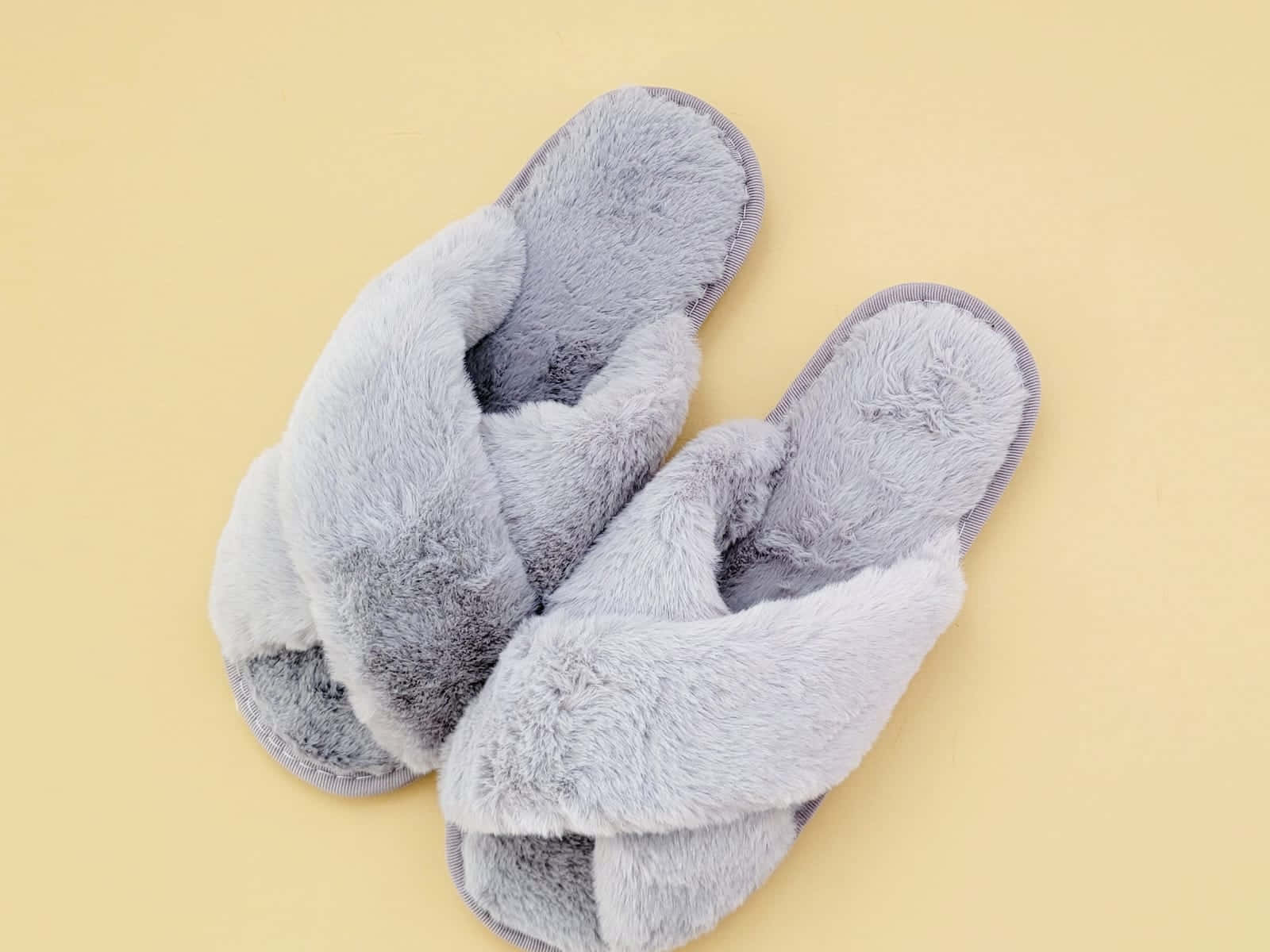cozy gray furry slippers, yellow background, soft gray fluffy slippers, HD Desktop Wallpaper