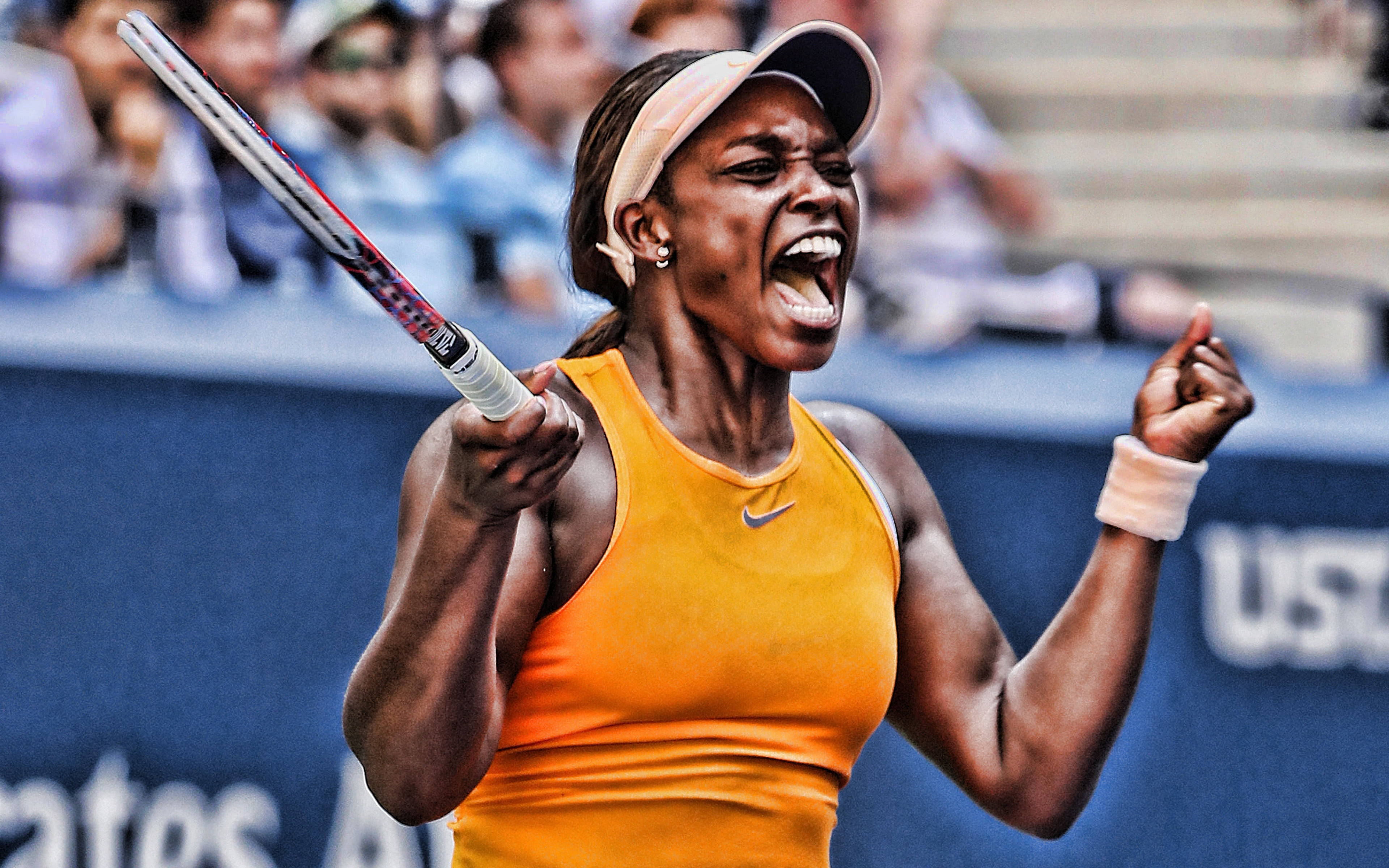 Sloane Stephens, orange top, blue court, 4K Desktop Wallpaper