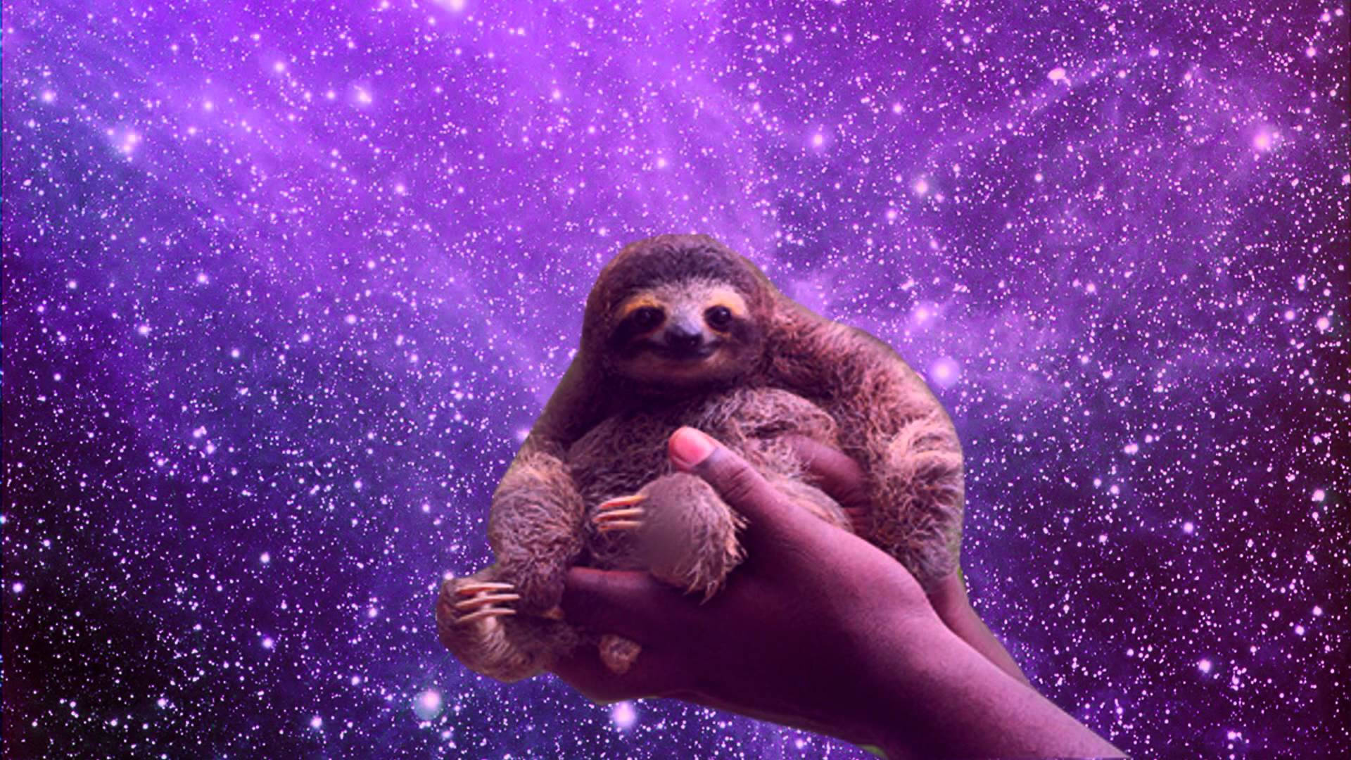 baby sloth, woman, vibrant purple starfield, Full HD Desktop Wallpaper