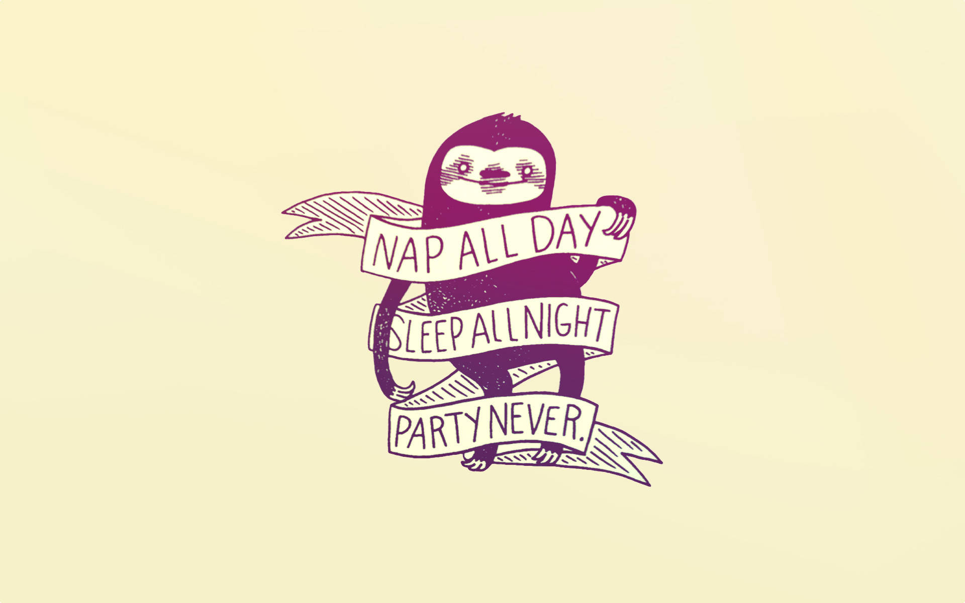 purple sloth, three banners, nap all day sleep all night party, Full HD Desktop Wallpaper