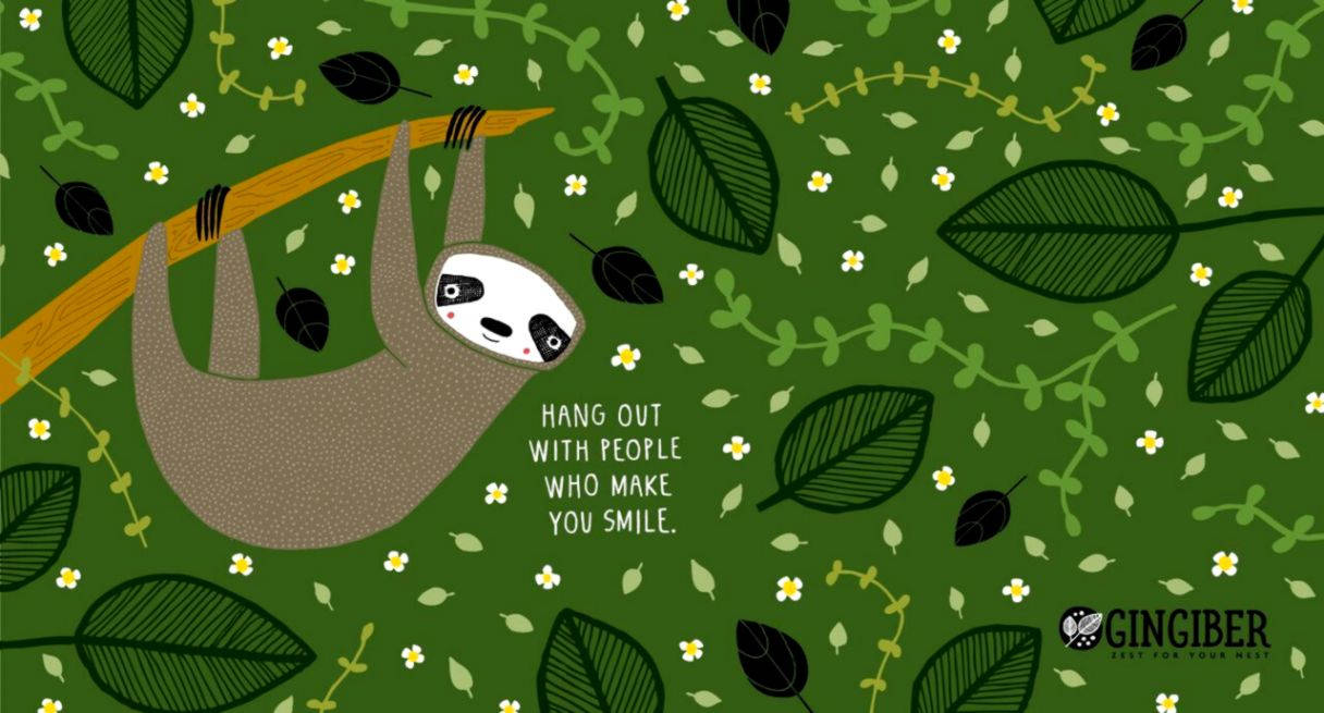 sloth, cartoon poster, green leaves, SD Desktop Wallpaper