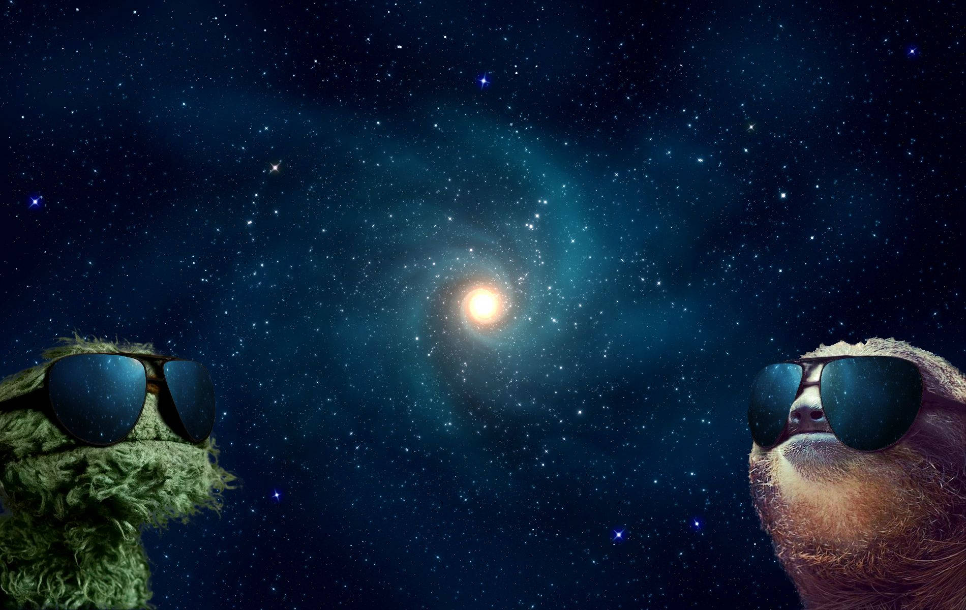 sloth, sunglasses, glowing spiral galaxy, HD Desktop Wallpaper