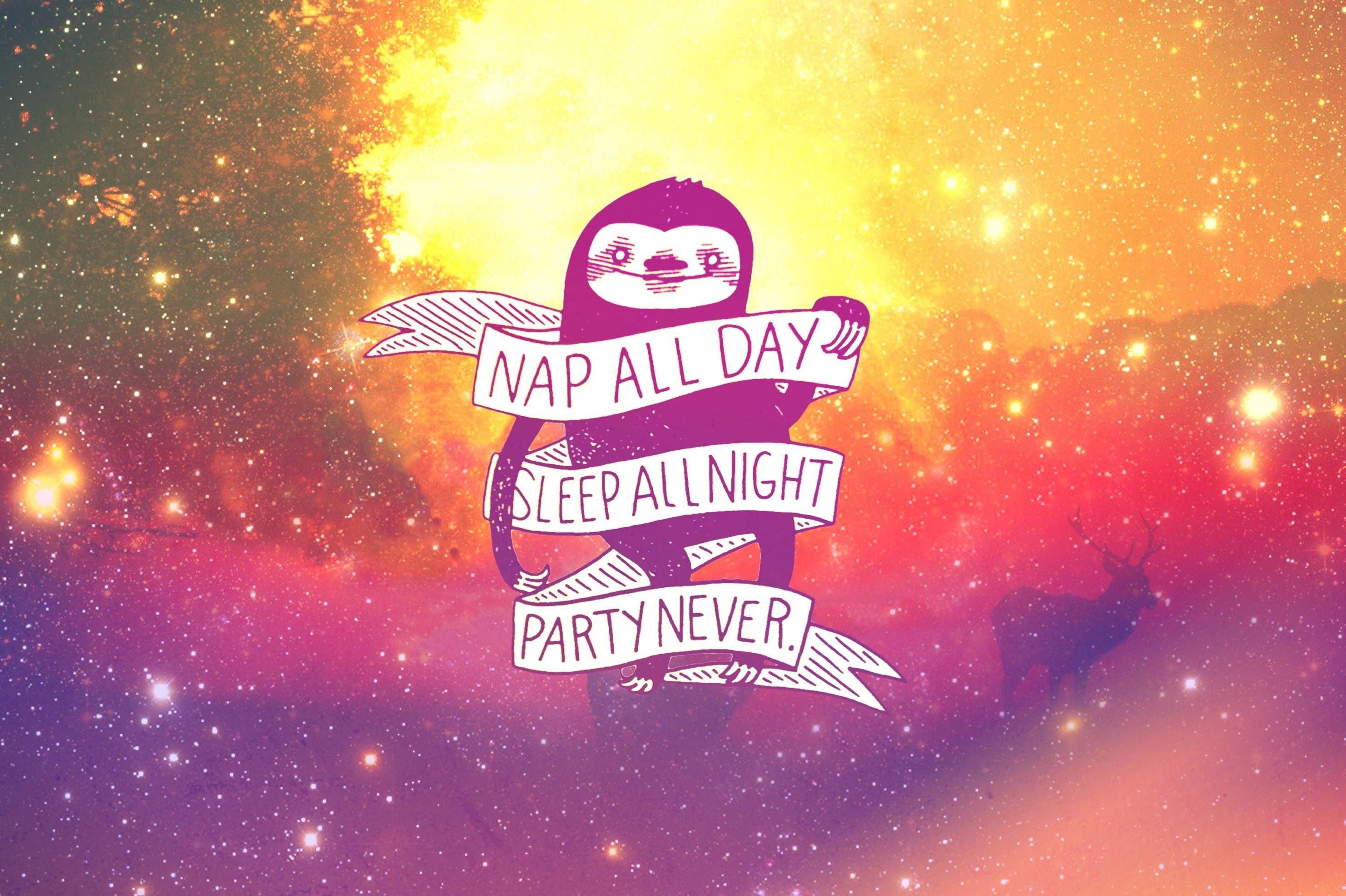 purple sloth, banner reading nap all day sleep all night party, vibrant cosmic nebula backdrop, 2K Desktop Wallpaper