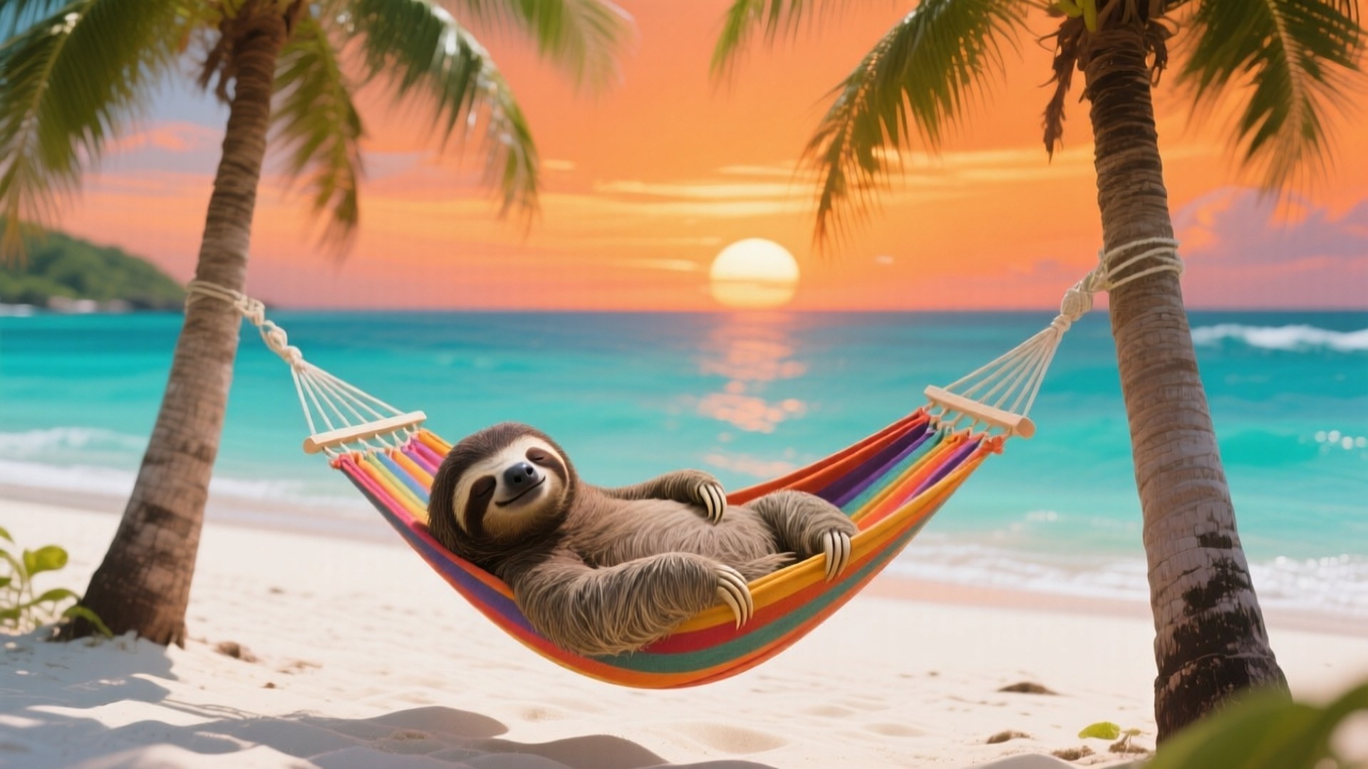 sloth, rainbow hammock, palm trees, Full HD Desktop Wallpaper