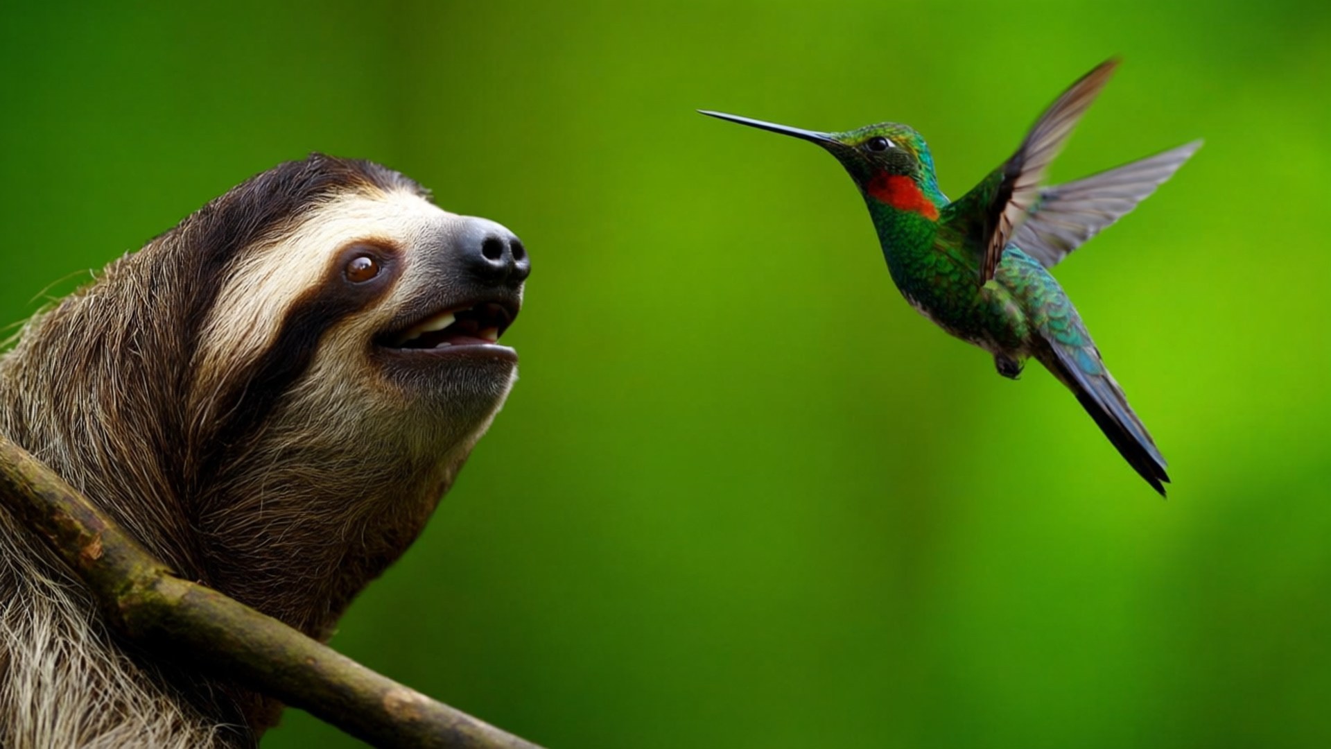 sloth, hummingbird, vibrant green, Full HD Desktop Wallpaper
