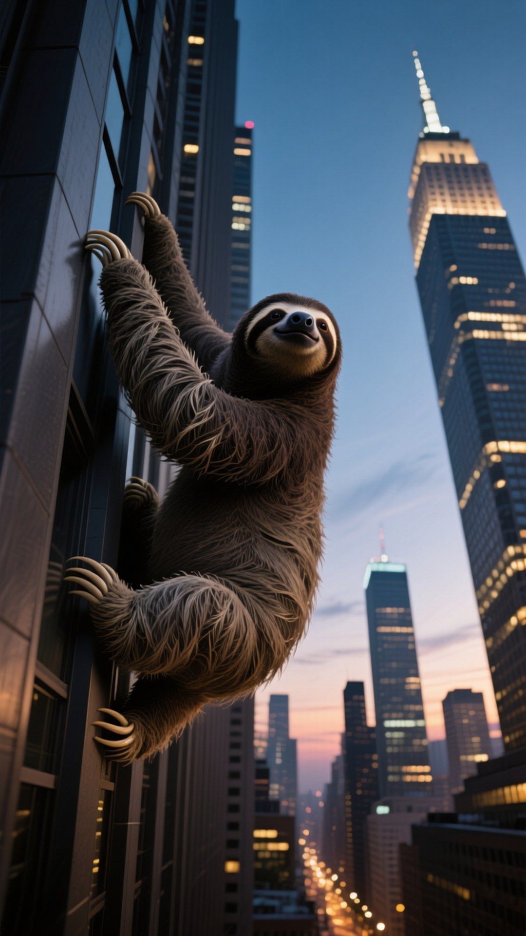 skyscraper, sloth, twilight cityscape, Full HD Phone Wallpaper