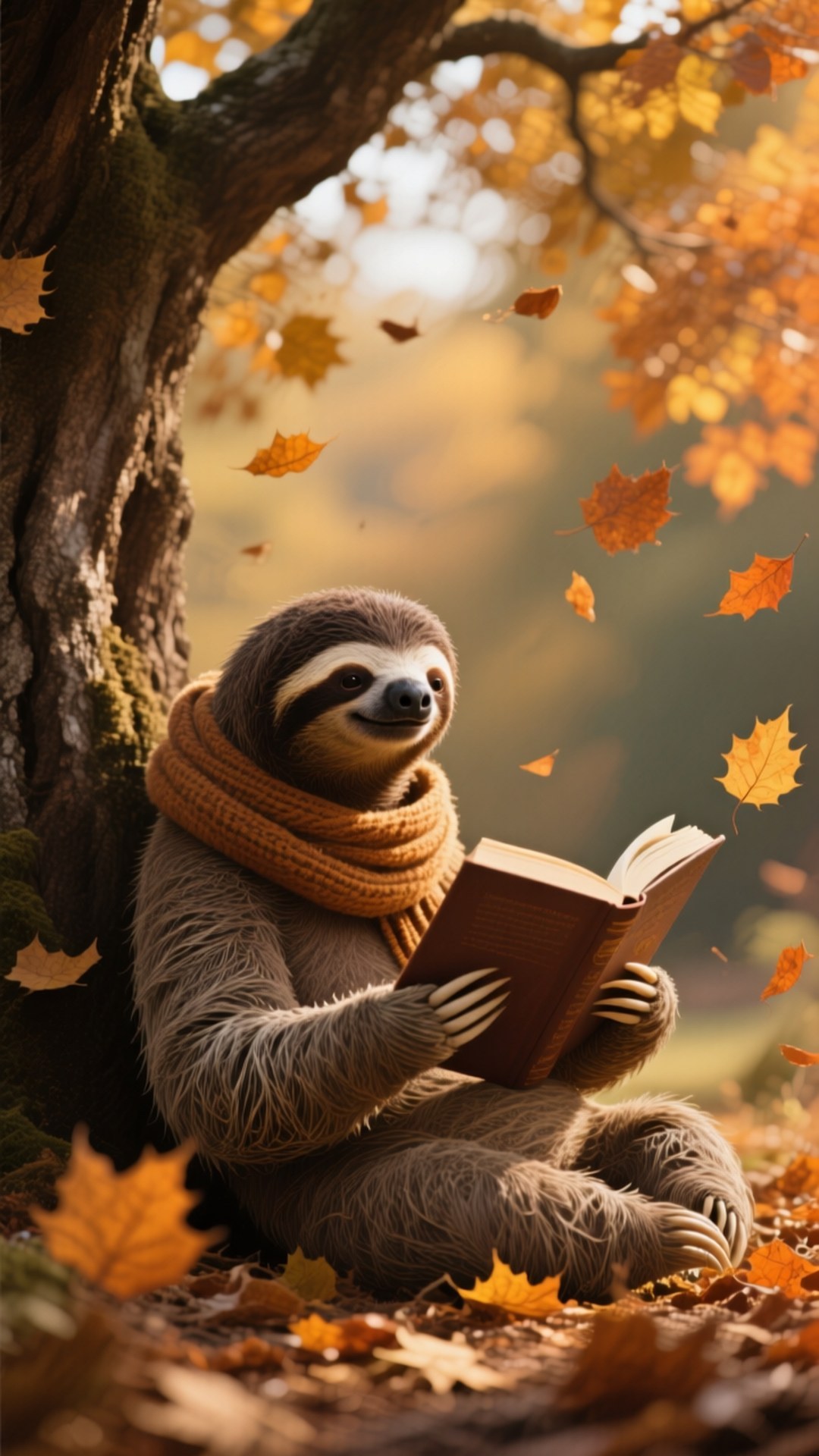 autumn reading sloth, orange scarf, golden autumn leaves, Full HD Phone Wallpaper