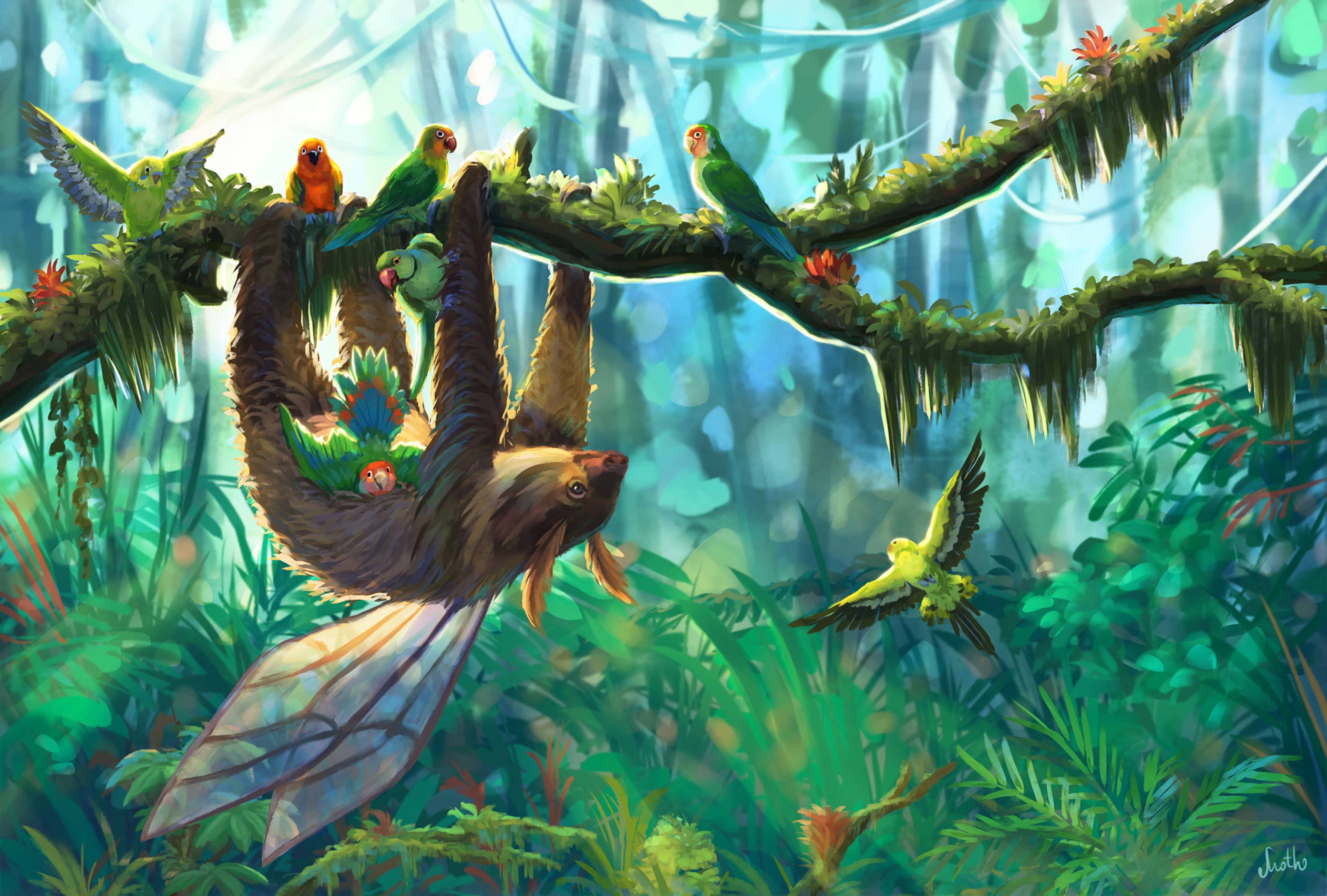 winged sloth, jungle, butterfly wings, 2K Desktop Wallpaper