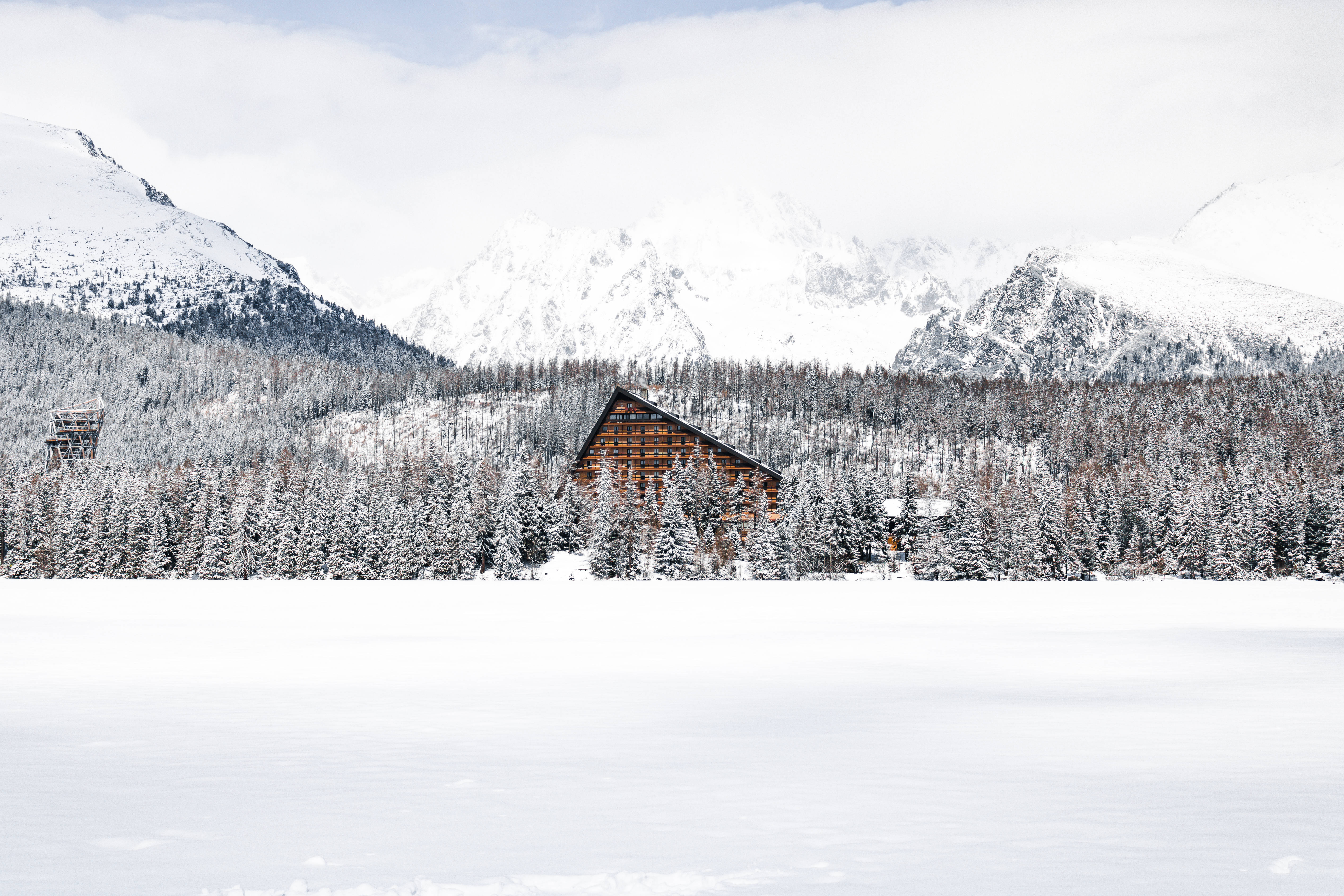 house in slovakia, wooden cabin, snow-covered pine trees, 5K Desktop Wallpaper