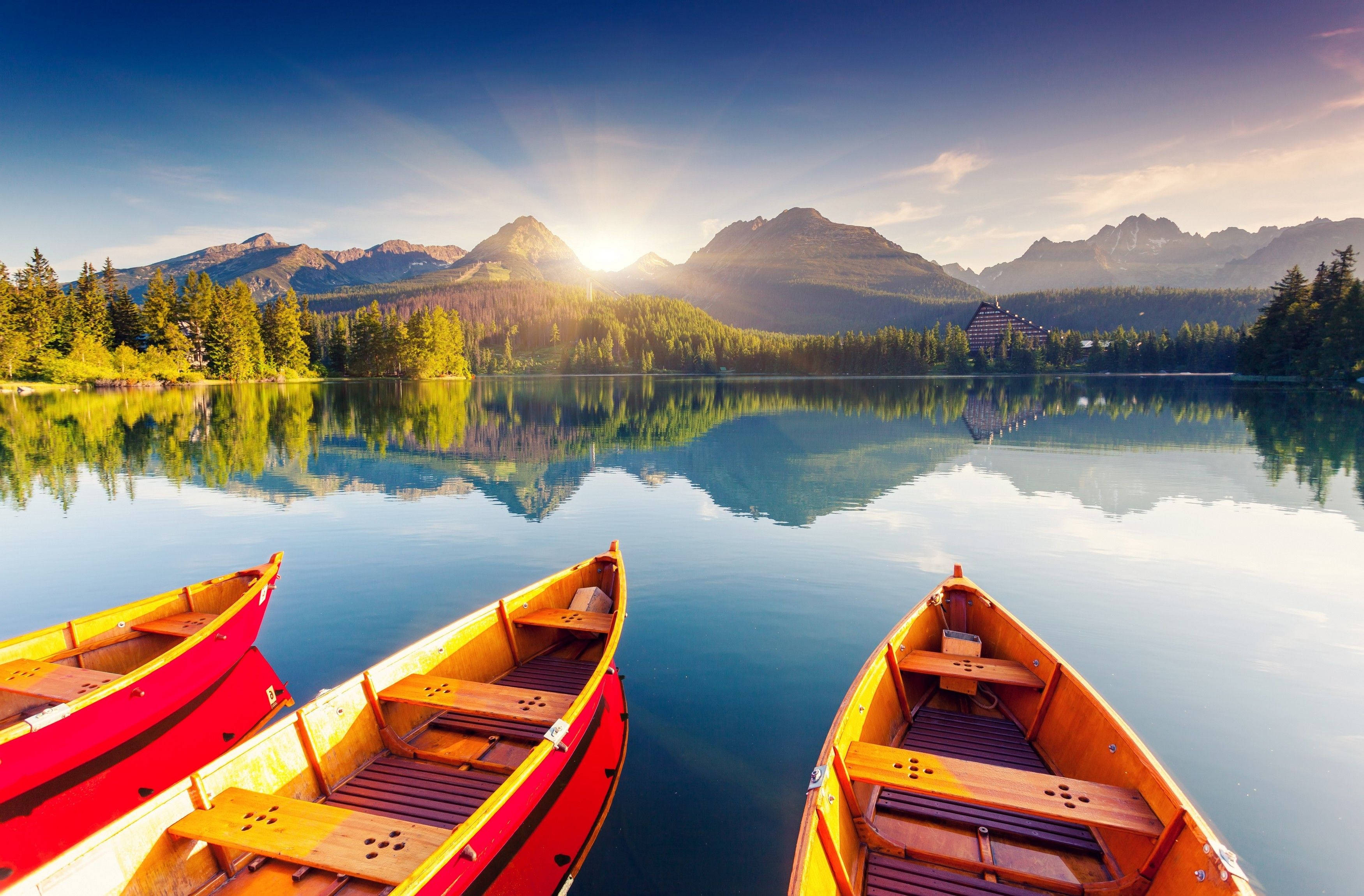 Slovakia, glassy lake, sunlit mountains, 2K Desktop Wallpaper
