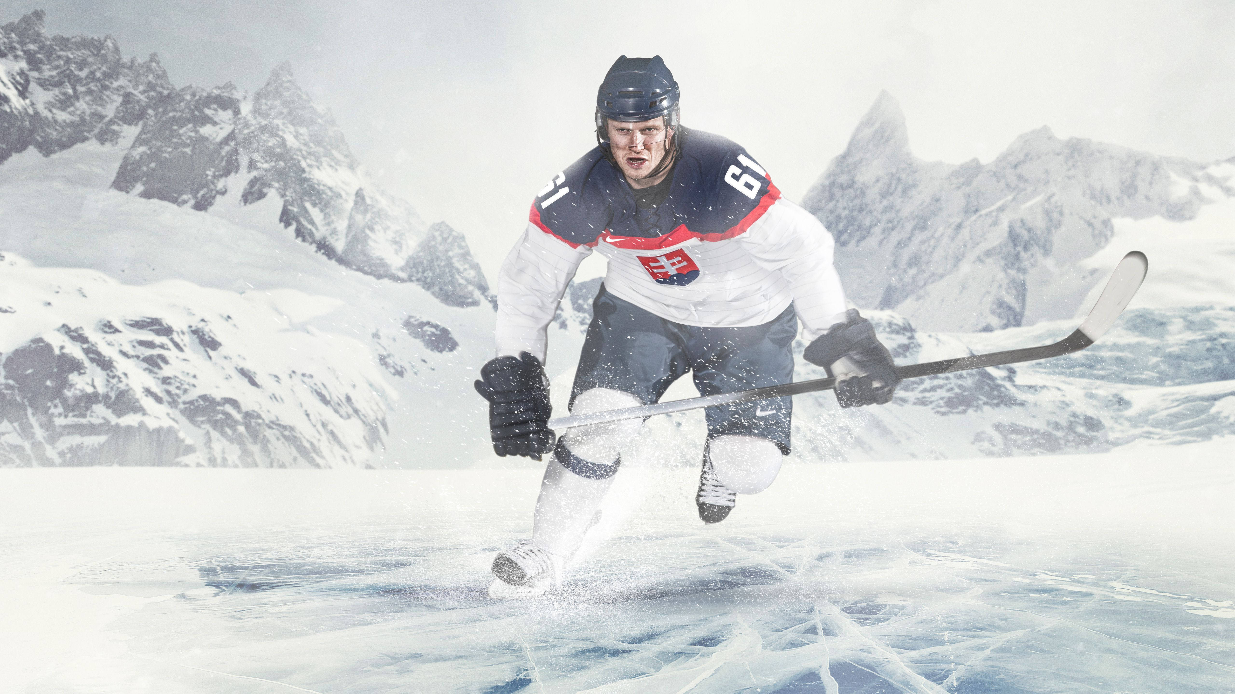 Slovakian ice hockey player, white jersey, red accents, 5K Desktop Wallpaper