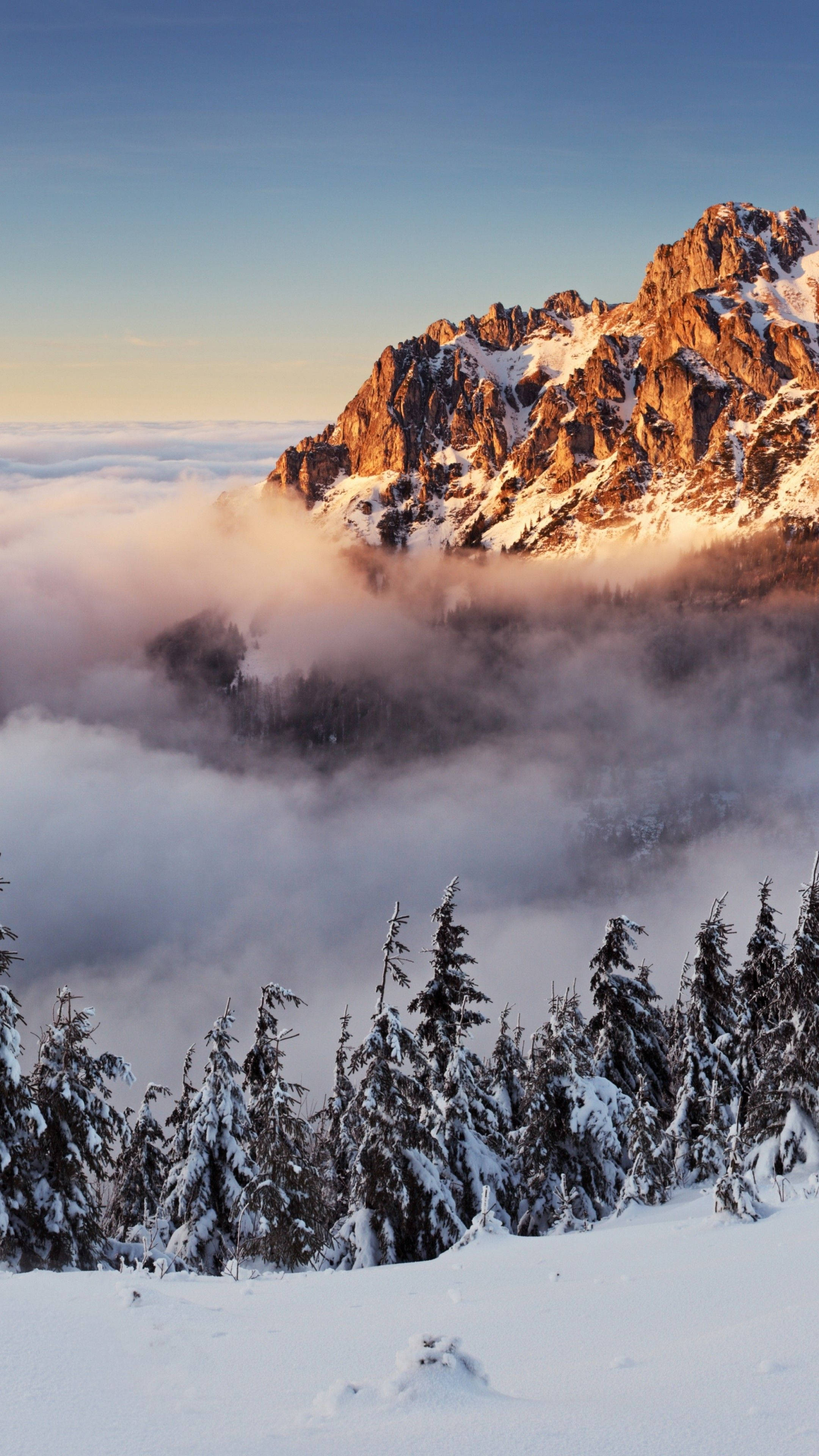 Slovakia, snowy mountain peak, sea of clouds, 4K Phone Wallpaper