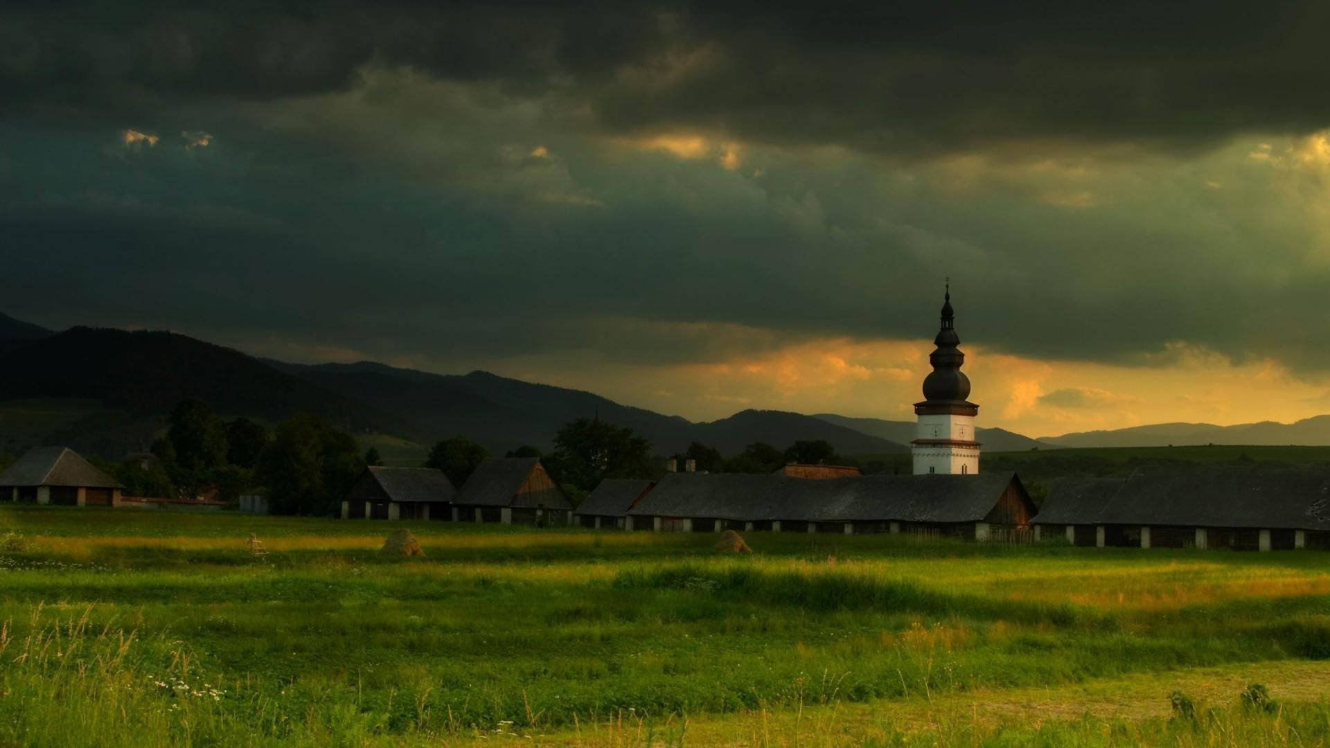 Slovakia, church tower, rustic wooden buildings, Full HD Desktop Wallpaper