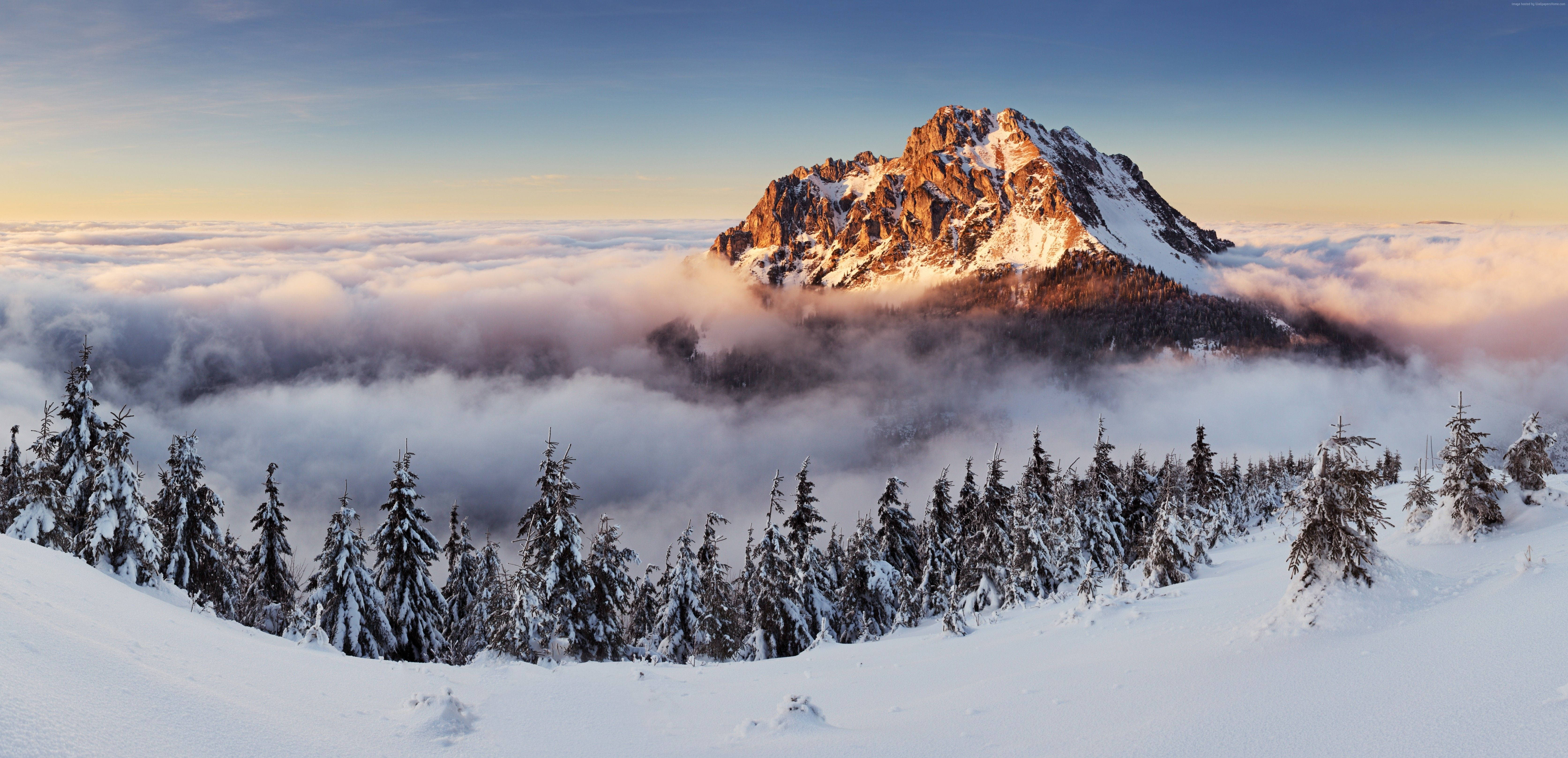 Slovakia, snowcapped mountain peak, sea of clouds, 5K Desktop Wallpaper