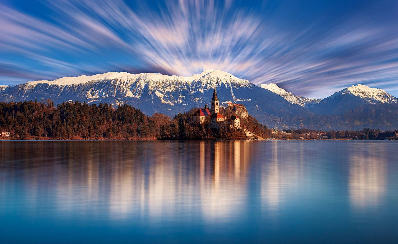 serene lake, snow-capped mountain range, church, HD Desktop Wallpaper